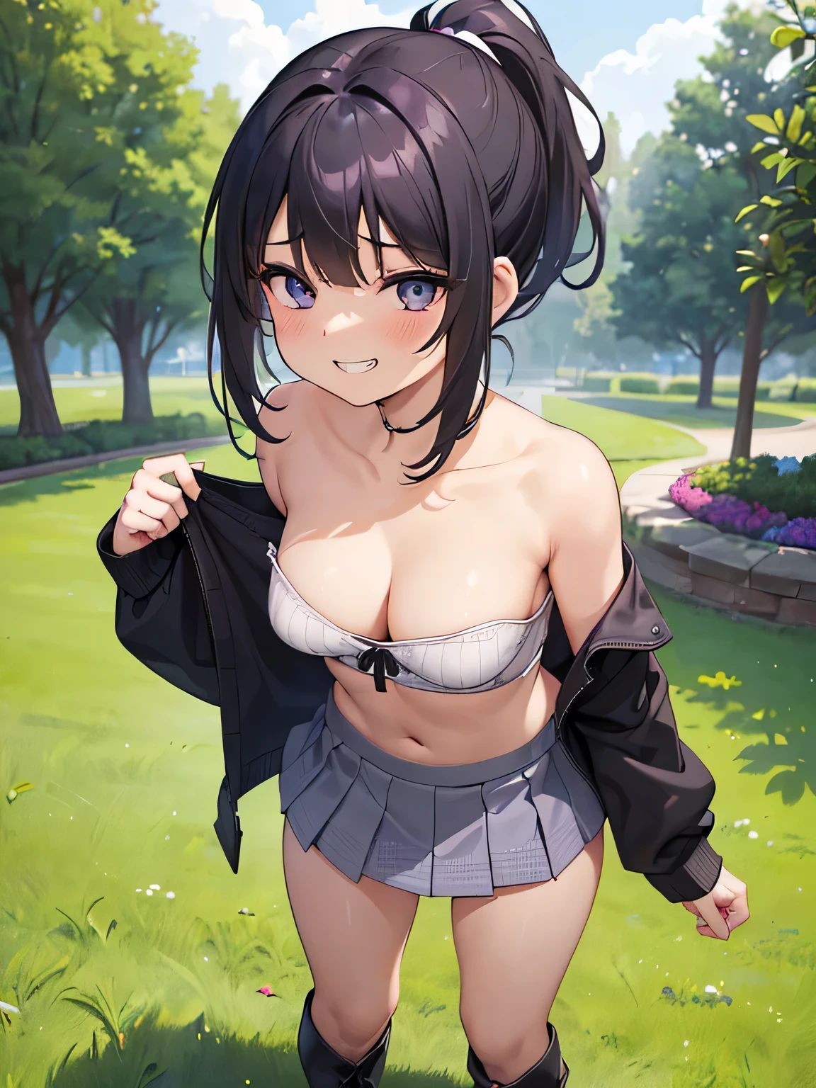 (masterpiece、highest quality、High resolution、realistic pictures、real looking skin:1.1)、
(The woman lifts her skirt and reveals her panties.々I'm showing it to:1.8)、
(standing:1.5)、
(A provocative and grinning expression:1.8),
(I am wearing a dark blue long-sleeved V-neck knit and a bare top underneath.:1.8)、
(I'm wearing a gray tiered flared mini skirt.:1.8)、
(I am wearing black middle boots.:1.8)、
(The panties are purple and have a pattern on them.:1.5)、
(brown middle ponytail:1.5)、
(small face:1.5)、
(I'm 22 years old:1.5)、
(Her breasts are D cup, so you can see her cleavage from the V neck.:1.5)、
(The location is the grassy area of the park.:1.5)、
1 Japanese girl、solo、full body esbian、beautiful eyes、shining eyes、NSFW