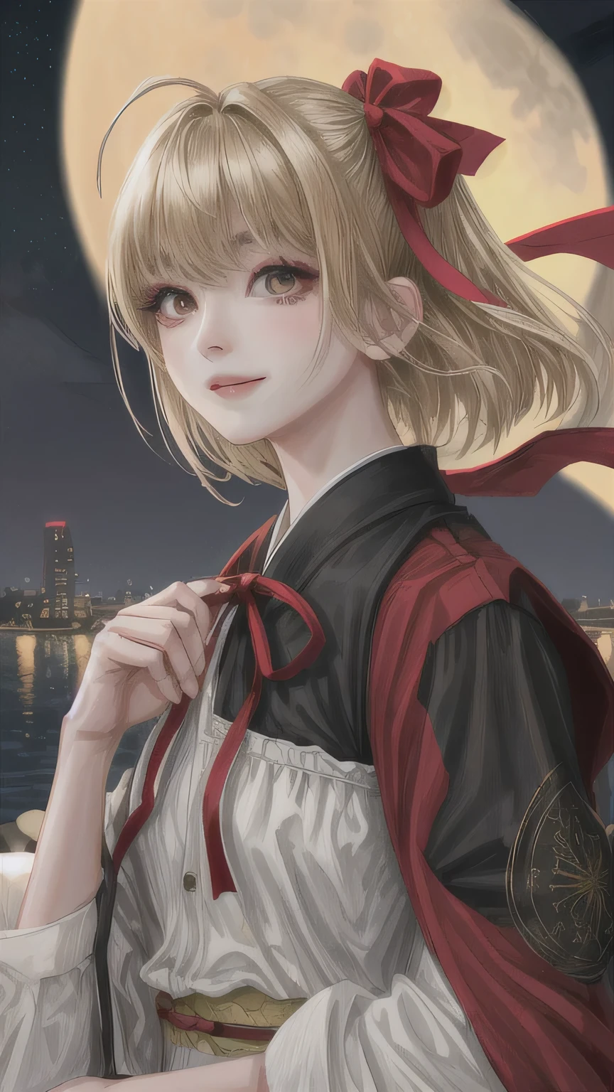 high quality, 最high quality, masterpiece, disorganized, red_Jacket, ribbon, black_eye, blonde_hair, short_hair, hair_ribbon, smile, 1 girl, torn clothes, Cloth, Dense and beautiful black eyes, beautiful detailed lips, Highly detailed eyes and face, long eyelashes, detailed face, masterpiece, 最high quality, high quality, High resolution, (moonlit night background), Click here for eye line、