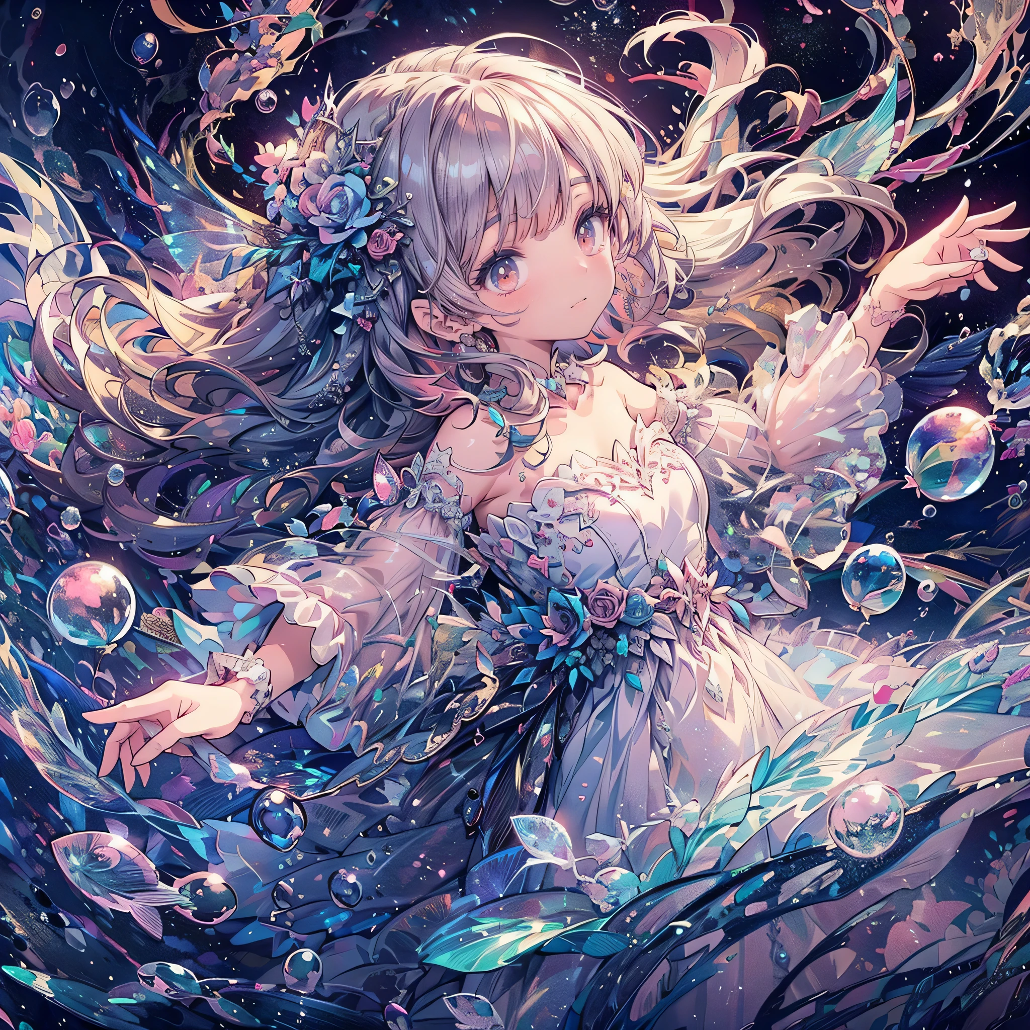 (exquisite, beautiful, very detailed, masterpiece, high quality, confused, High resolution, Full HD, 16k), (thin line: 1.2, soft lines:1.2, beautiful and delicate face), front,body whole,whole body,((floating in water,drifting)),(The tips of your hair and the ends of your dress melt into the water..),(in the dark deep sea,Drifting a lot of bubbles,fish),(Fairy wings grow), (smile), (medium hair:1.5), (tiara, earrings, beautiful choker), ((A pastel colored ball gown dress with soft shoulders and a water motif..:1.1, Balloon sleeves,jewels and lace and frills, Fairy wings from the back)), (light pink blush, plump pink lips,big bust,Fair skin, good style),
