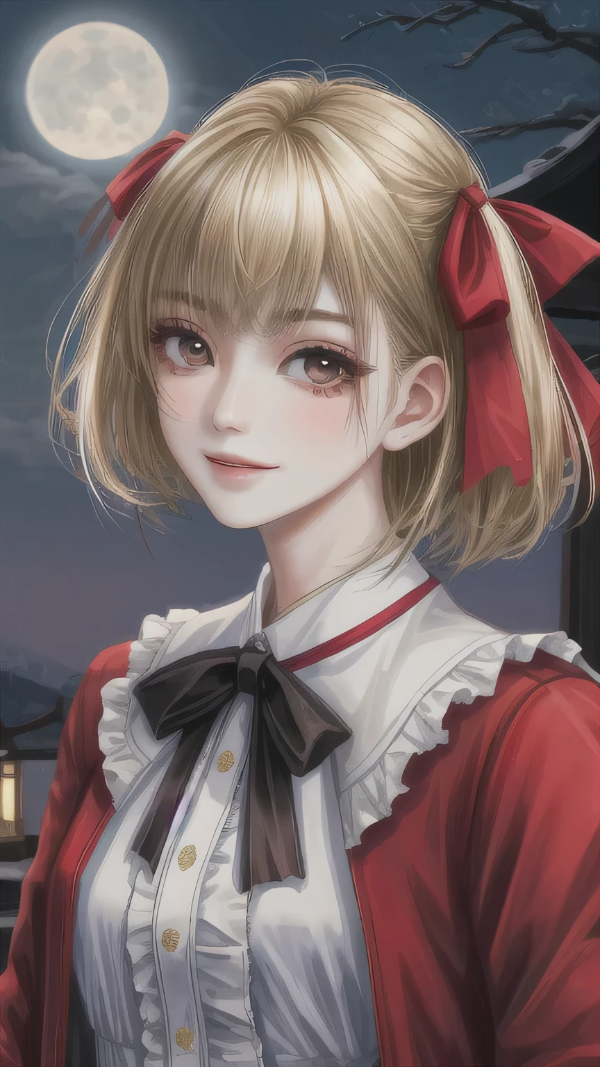high quality, 最high quality, masterpiece, disorganized, red_Jacket, ribbon, black_eye, blonde_hair, short_hair, hair_ribbon, smile, 1 girl, torn clothes, Cloth, Dense and beautiful black eyes, beautiful detailed lips, Highly detailed eyes and face, long eyelashes, detailed face, masterpiece, 最high quality, high quality, High resolution, (moonlit night background), Click here for eye line、