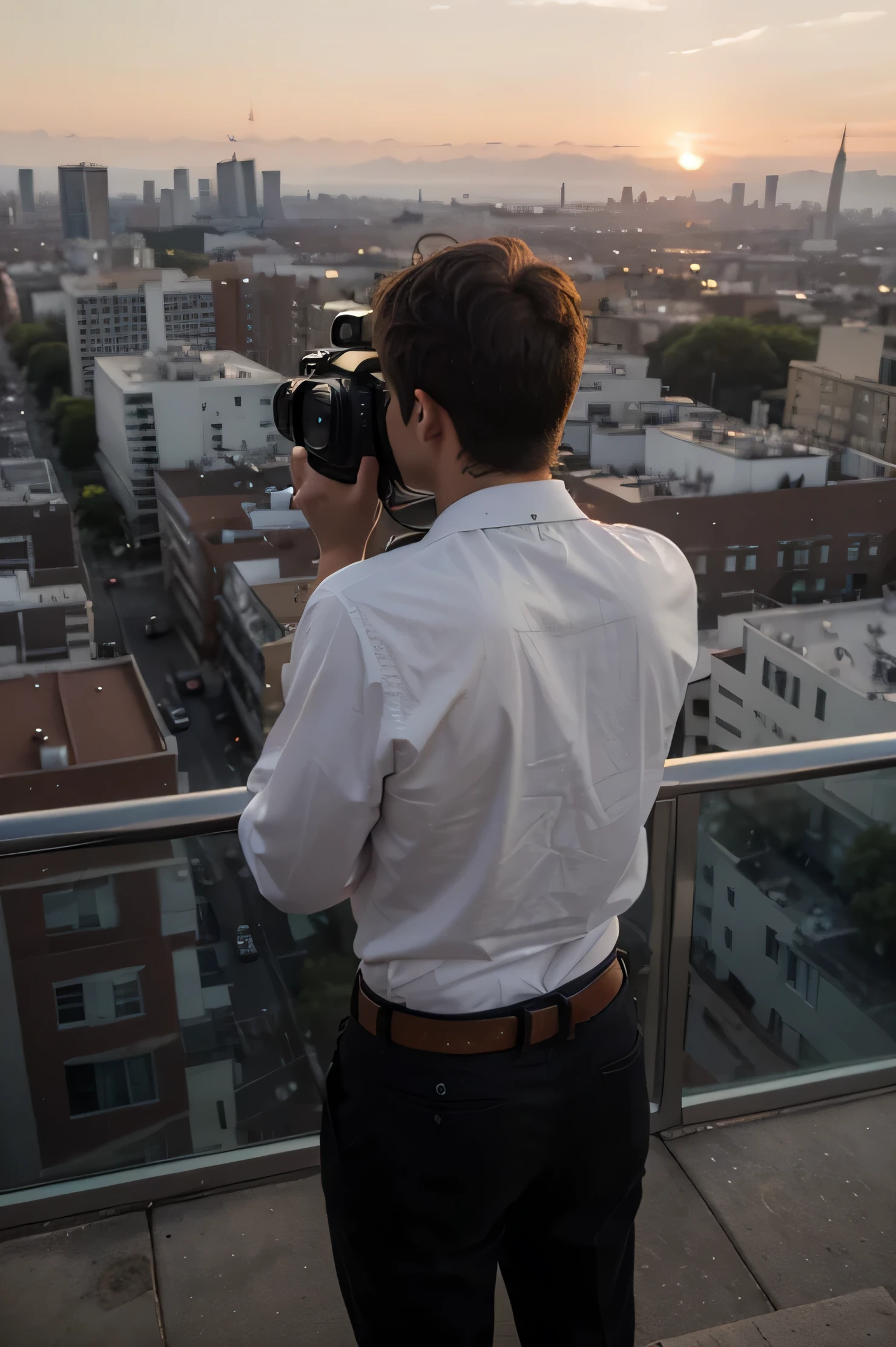 ((best quality)), ((masterpiece)), (detailed), perfect. (must be anime.)
A young man who is a professional photographer who is holding up the camera turning his back toward us and ready to take a picture of the beautiful sunset that's looking down toward a full scenery of a city in distance.