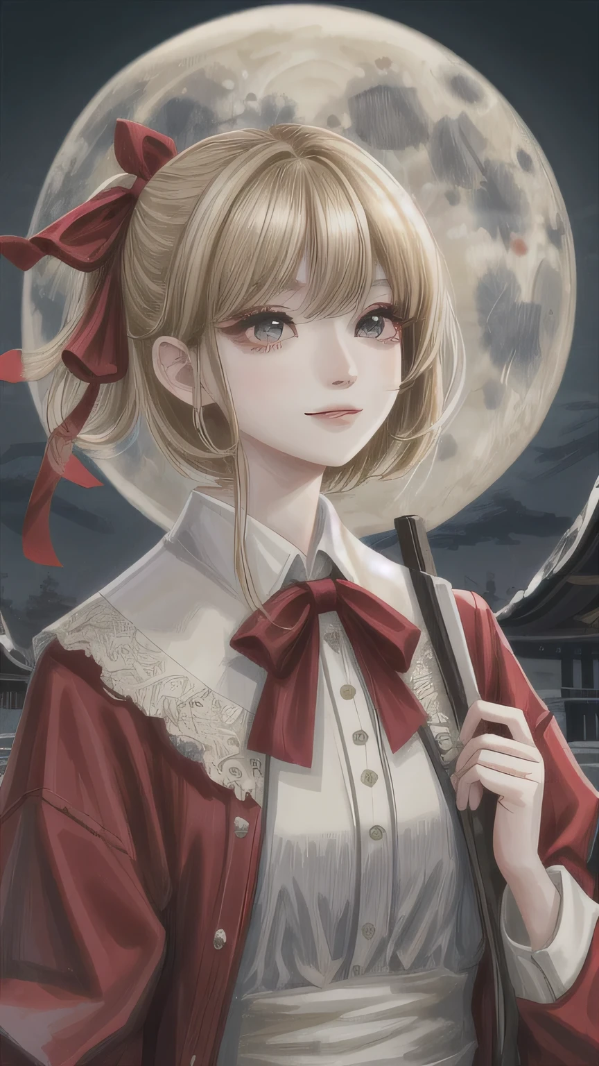 high quality, 最high quality, masterpiece, disorganized, red_Jacket, ribbon, black_eye, blonde_hair, short_hair, hair_ribbon, smile, 1 girl, torn clothes, Cloth, Dense and beautiful black eyes, beautiful detailed lips, Highly detailed eyes and face, long eyelashes, detailed face, masterpiece, 最high quality, high quality, High resolution, (moonlit night background), Click here for eye line、
