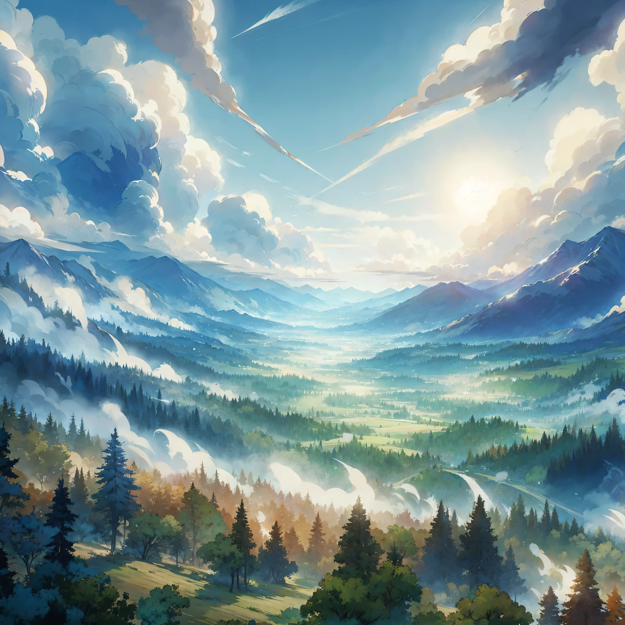 anime scenery with mountains and trees in the foreground, Ross Tran. scenic background, anime scenery, anime scenery wallpaper, space sky. by makoto shinkai, beautiful anime scenery, anime countryside scenery, anime scenery concept art, Studio Gribly Makoto Shinkai, Beautiful peace scene in anime, anime scenery, anime background art, beautiful anime scene