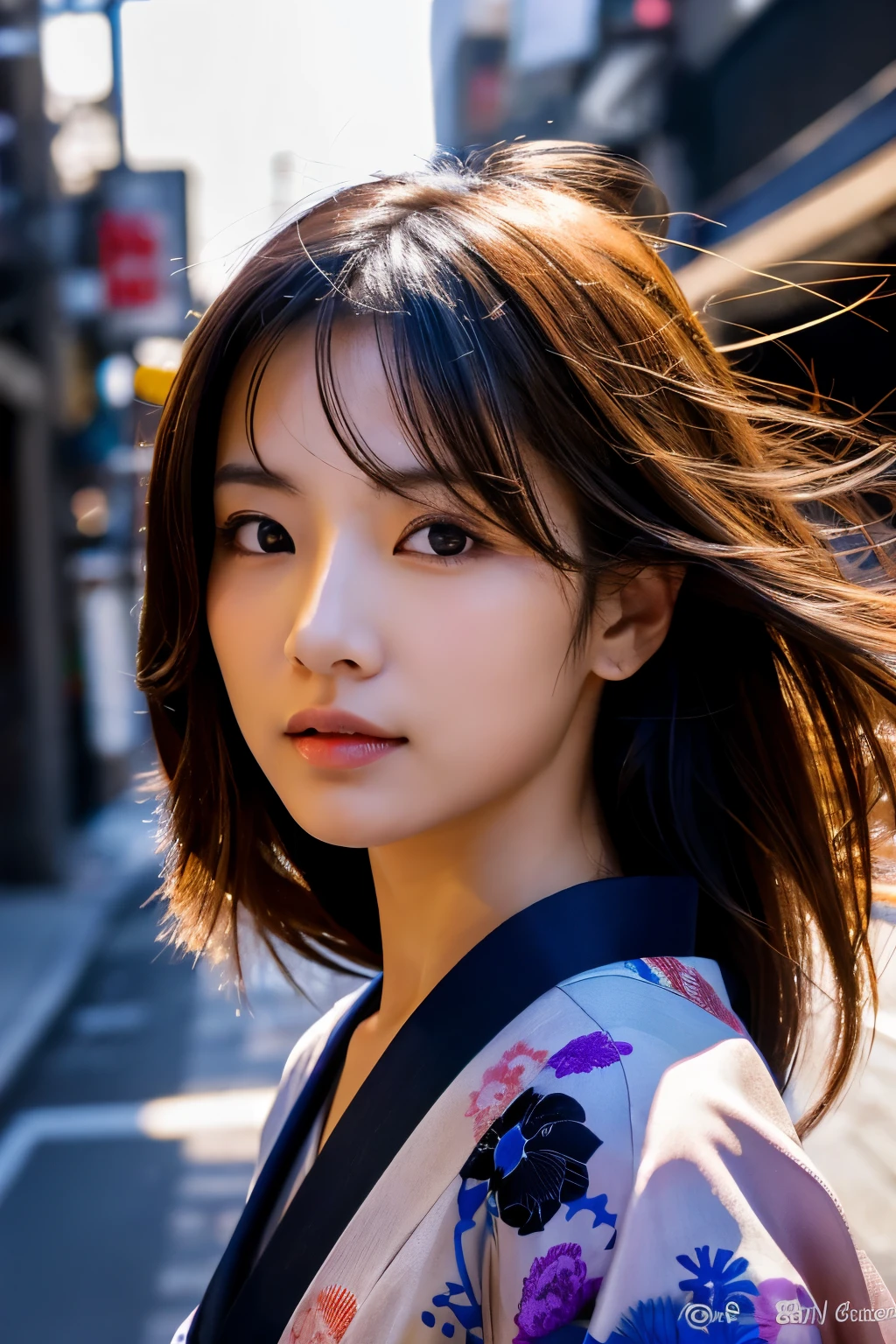 Beautiful Japanese supermodel woman, A lock of hair with slight highlights, black eyes, Sexy,street background,Gorgeous kimono , Liquid color flows across her face, Shooting against the light,Perfect facial lighting,mixed media