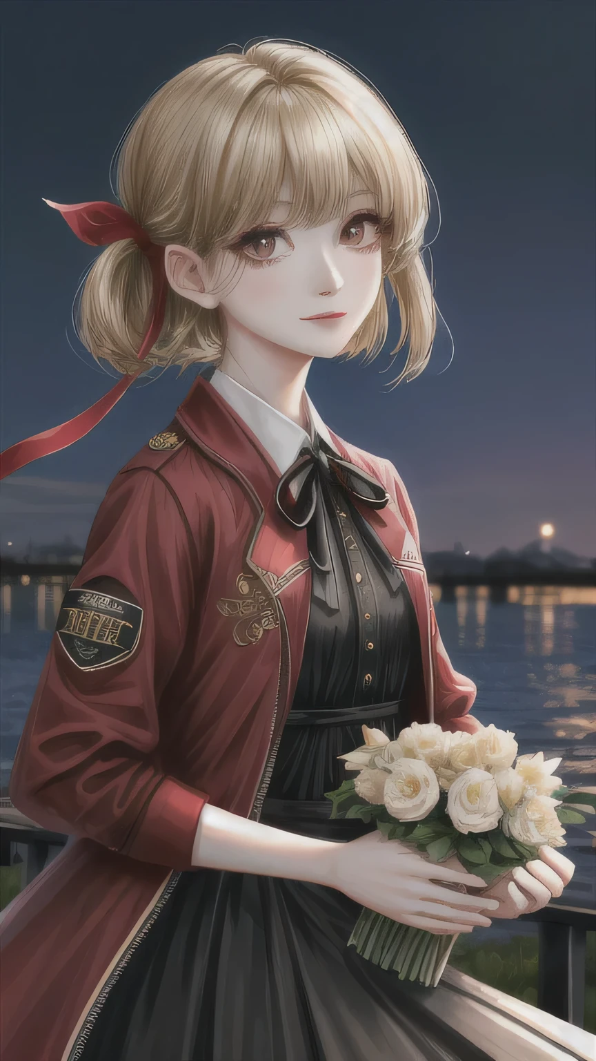 high quality, 最high quality, masterpiece, disorganized, red_Jacket, ribbon, black_eye, blonde_hair, short_hair, hair_ribbon, smile, 1 girl, torn clothes, Cloth, Dense and beautiful black eyes, beautiful detailed lips, Highly detailed eyes and face, long eyelashes, detailed face, masterpiece, 最high quality, high quality, High resolution, (moonlit night background), Click here for eye line、