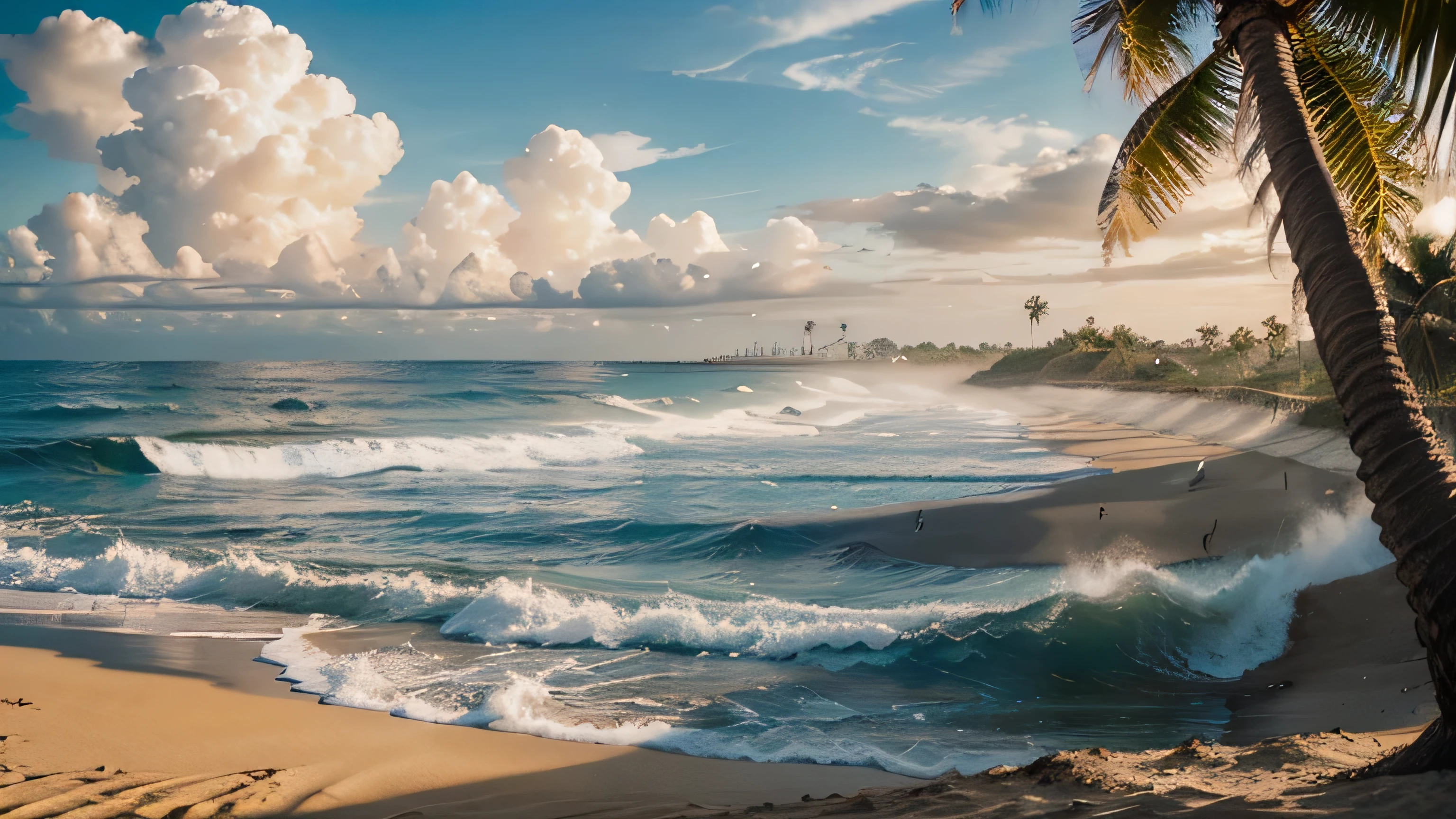 background, beach, sun, palm, clouds, sand, waves