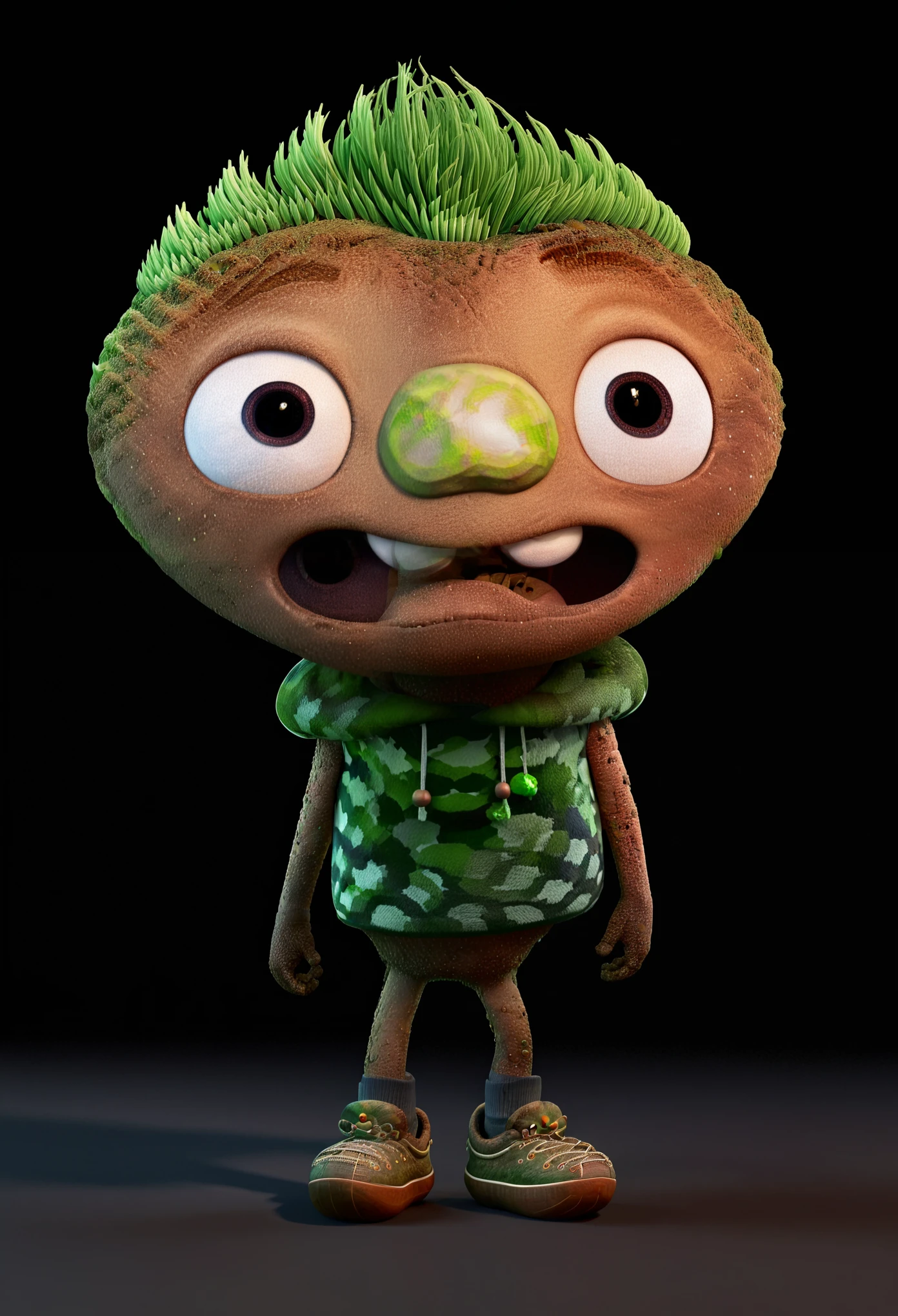 3d character concept, clod, clod full body portrait, evil stare in camera, clod look on us, straight stare in camera view, big eyes, stare in camere view, stare on us, evil smirk, evil smile, very angry emotion, sharp 3d render, pixar 3d render style, black background