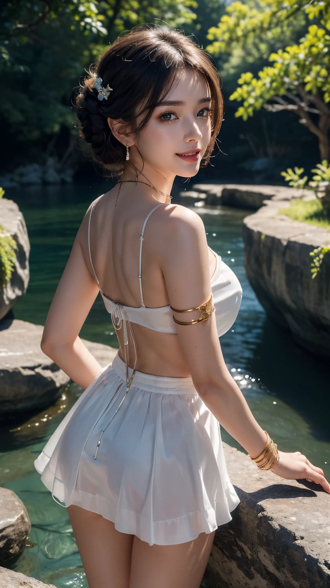 8k, masterpiece, RAW photo, best quality, photorealistic, extremely detailed CG unity 8k wallpaper, Depth of field, Cinematic Light, Lens Flare, Ray tracing, (extremely beautiful face, beautiful lips, beautiful eyes), intricate detail face, ((ultra detailed skin)) , in the dark, deep shadow, pretty Asian girl, idol, 1 girl, (very slim slender fit-muscled body:1.3), ((looking at viewer)),((big smile:1.3)), (tight Matty silky satin Violet colour laced blouse), ((Matty silky satin Violet color blouse)), 1 Beautiful girl, (Detailed face,beautiful eyes, beautiful earrings, bracelets, necklace, pantyhose, clear eyes, (pale skin), (big eyes), face forward, ((upper body shot)), (detailed pupils,detailed clothes features, Clear background:1.3), (armlets, bangle:1.3), Mysterious ancient ruins, floresta exuberant, Deep canyon,((bridge)), River,cliff,Cloud,lakes,Rock music,Waterfalls, ((walking in Water)), ((Flower plants besides of river)), Grass,grape trees,tree,bright detail,Sharp,Perfect compounding, Intricate, Sharp focus, Dramatic,(very slim), Breast, super round big breasts under the dress, ((flooming laced)), updo hair, mini skirt, short hair, short skirt, 4 Different types poses, Cinematic photography, Sexy angles, medium butt,