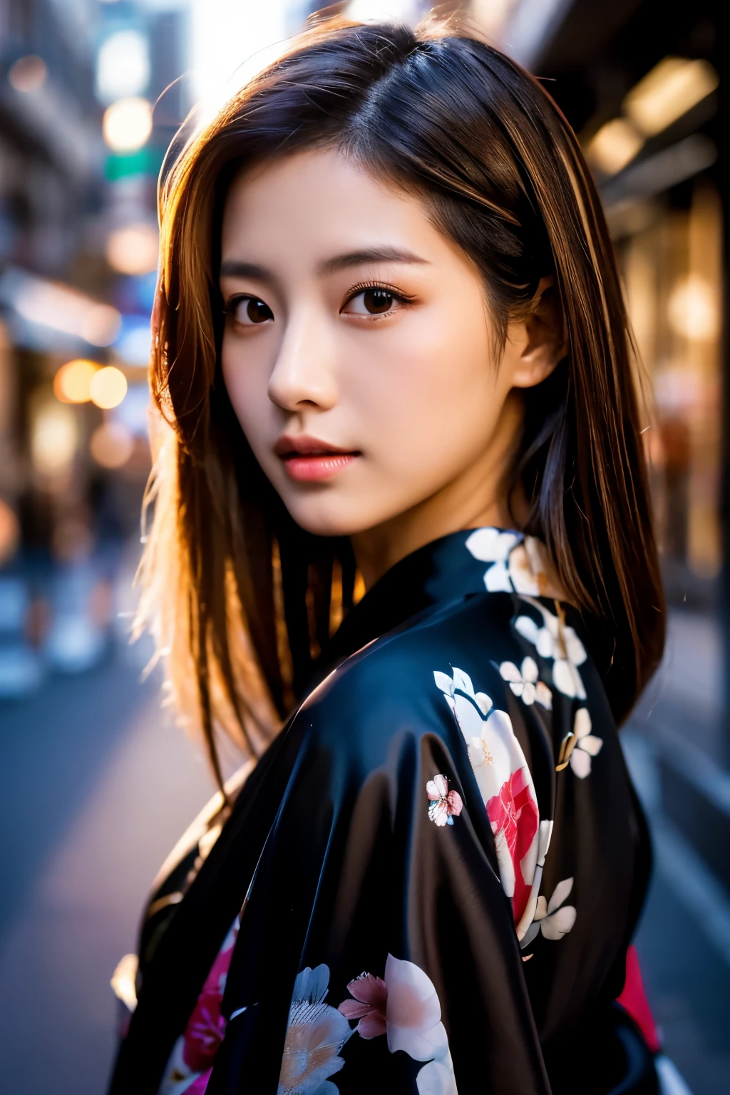 Beautiful Japanese supermodel woman, A lock of hair with slight highlights, black eyes, Sexy，street background，Gorgeous kimono , Liquid color flows across her face, Shooting against the light，Perfect facial lighting，mixed media