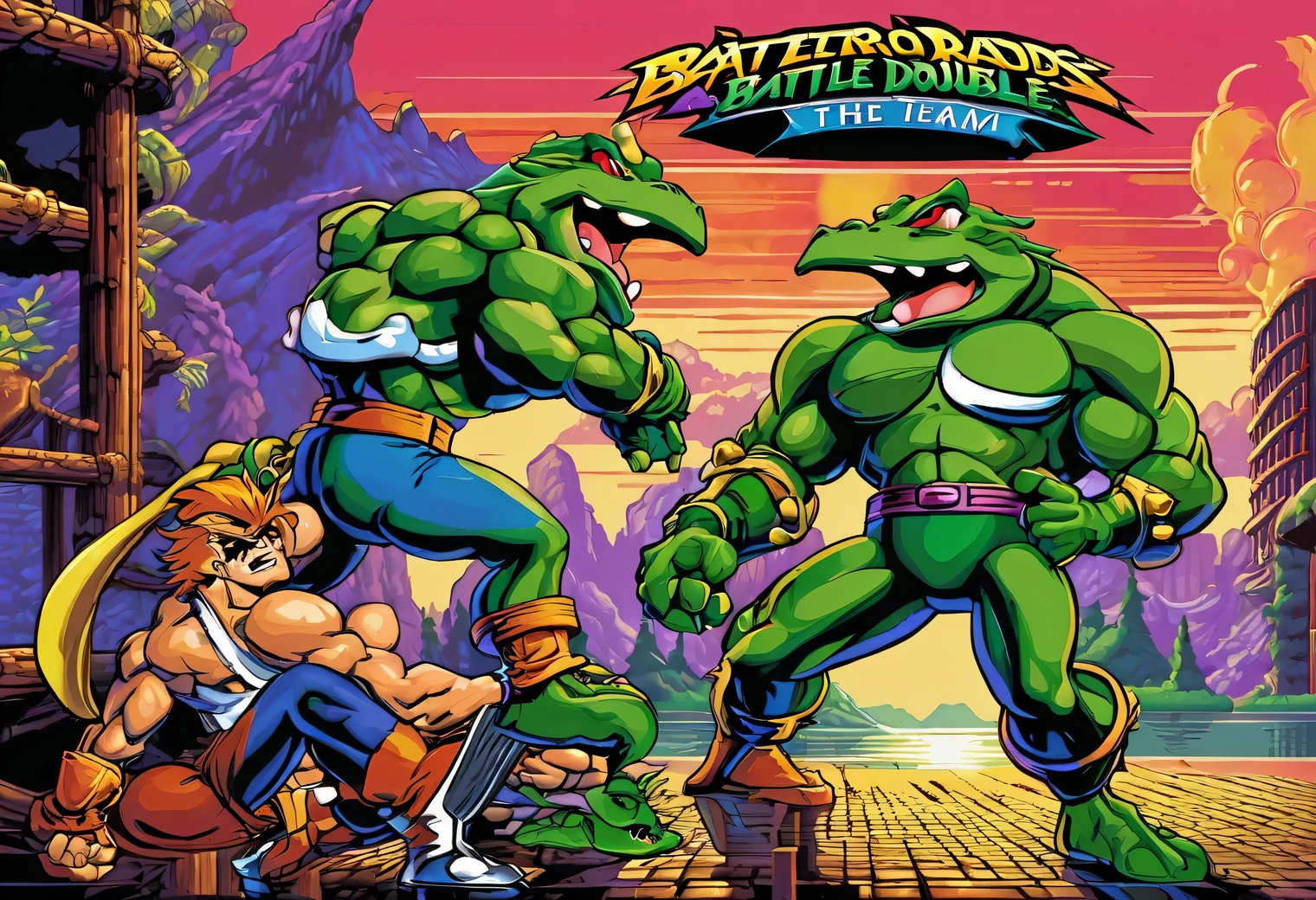 A game scene from the retro game Battletoads & Double Dragon: The Ultimate Team, 16 bit, 16 bit color palette, Sega Mega Drive, retro textures, original gameplay, full compliance with the original Battletoads & Double Dragon game: The Ultimate Teamve