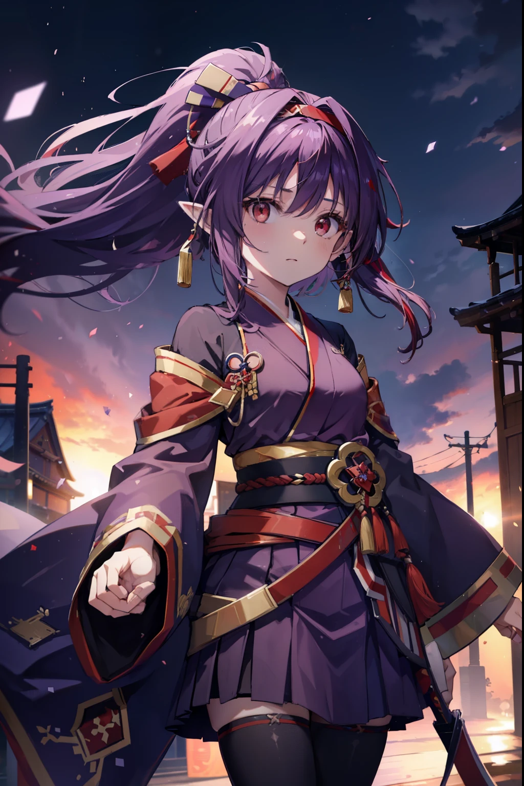 yuukikonno, Yuki Konno, hair band, long hair, pointy ears,ponytail, purple hair, (red eyes:1.5), (small breasts:1.2), open your mouth,purple kimono,red hakama,boots,Japan sword 1:1 Hold the grip in your hand,
break looking at viewer, Upper body, whole body,
break outdoors, medieval europe cityscape,
break (masterpiece:1.2), highest quality, High resolution, unity 8k wallpaper, (shape:0.8), (thin and beautiful eyes:1.6), highly detailed face, perfect lighting, Very detailed CG, (perfect hands, perfect anatomy),