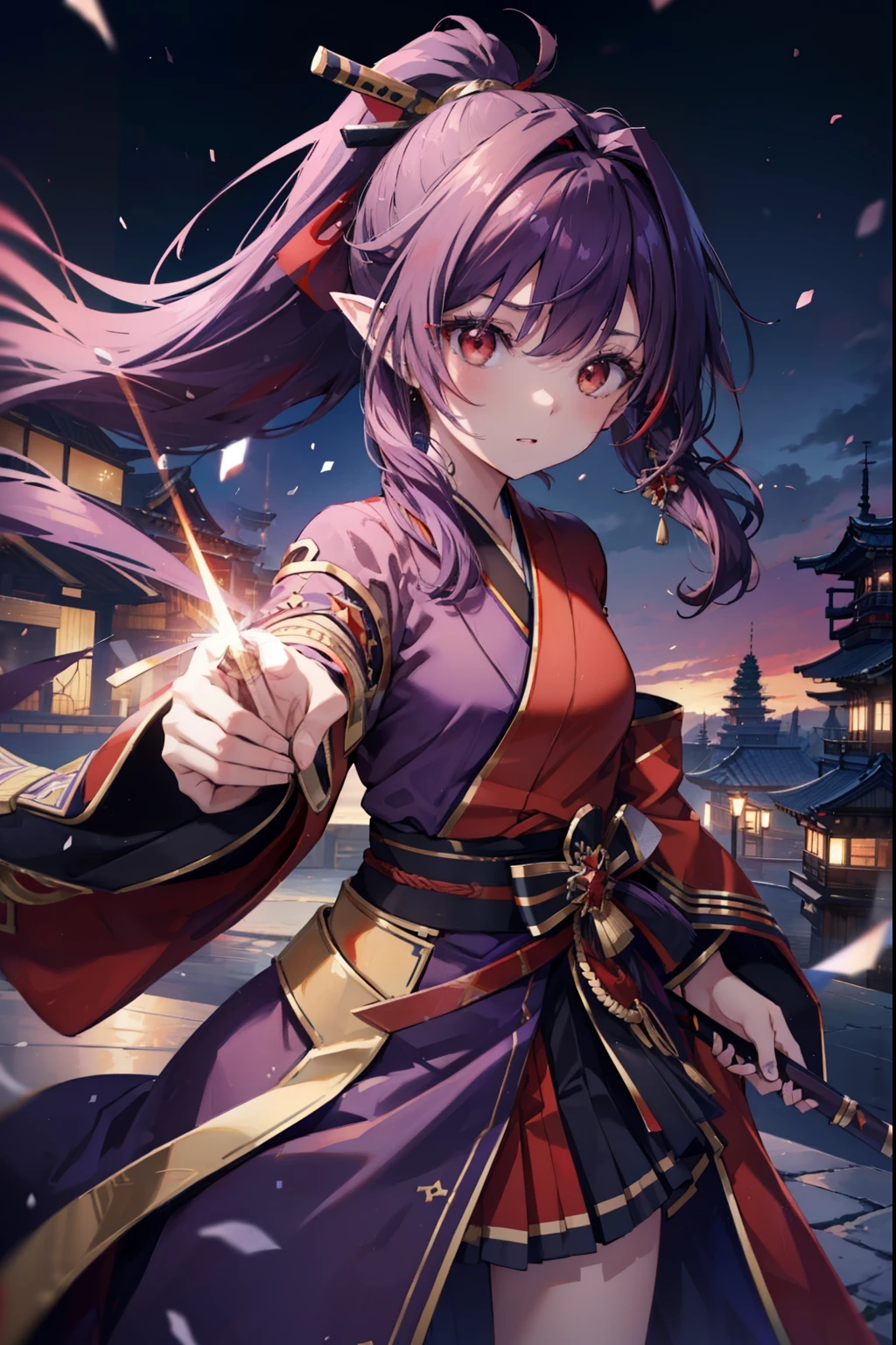 yuukikonno, Yuki Konno, hair band, long hair, pointy ears,ponytail, purple hair, (red eyes:1.5), (small breasts:1.2), open your mouth,purple kimono,red hakama,boots,Japan sword 1:1 Hold the grip in your hand,
break looking at viewer, Upper body, whole body,
break outdoors, medieval europe cityscape,
break (masterpiece:1.2), highest quality, High resolution, unity 8k wallpaper, (shape:0.8), (thin and beautiful eyes:1.6), highly detailed face, perfect lighting, Very detailed CG, (perfect hands, perfect anatomy),