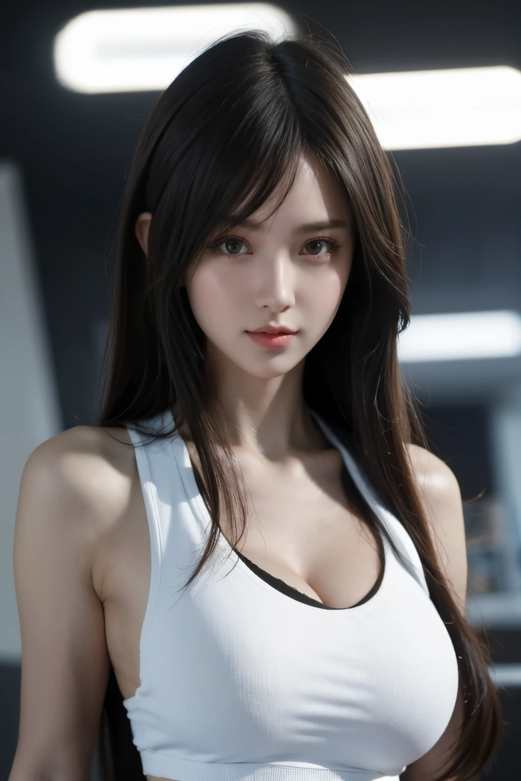 tmasterpiece,Best quality,A high resolution,8K,(Portrait),((Head close-up)),real photograph,digital photography,(Female scientists in sci-fi style),20 year old girl,Random hairstyles,By bangs,(Random Color Eyes),(Random-colored hair),A plump chest,cleavage,Elegant and noble,Serious and indifferent,Open white coat,Black tube top bra,rich details,Keep your mouth shut,Intricate ornaments,Cyberpunk futuristic style,(Female scholars),white backgrounid,oc render reflection texture