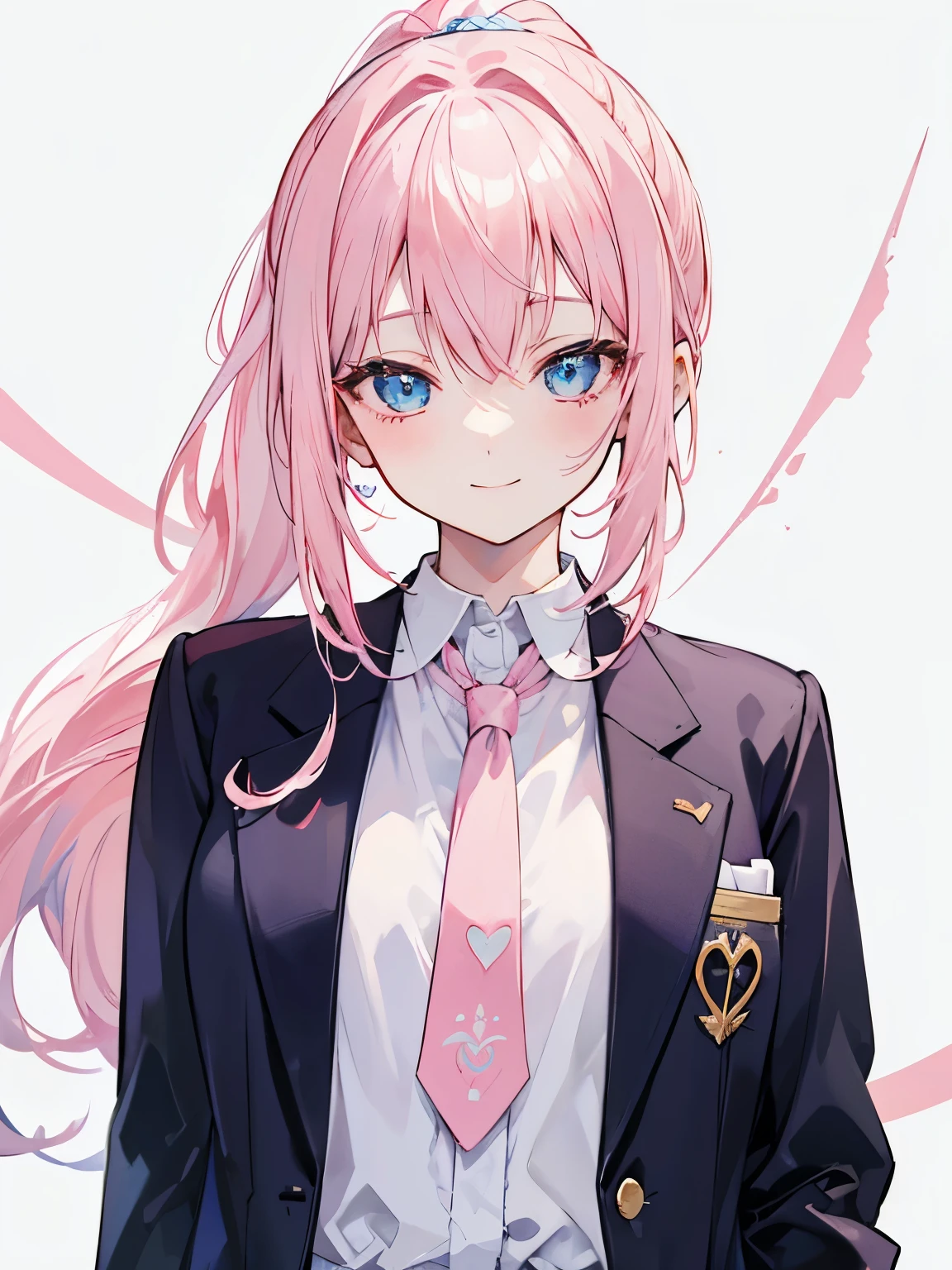 light pink hair, Young beautiful girl,formal suit, mixed color tie ,heart shaped mulphin, white background , smiling face , neat ponytail , pretty face ,Cute face , pretty light blue eyes , supreme god , god of creation
