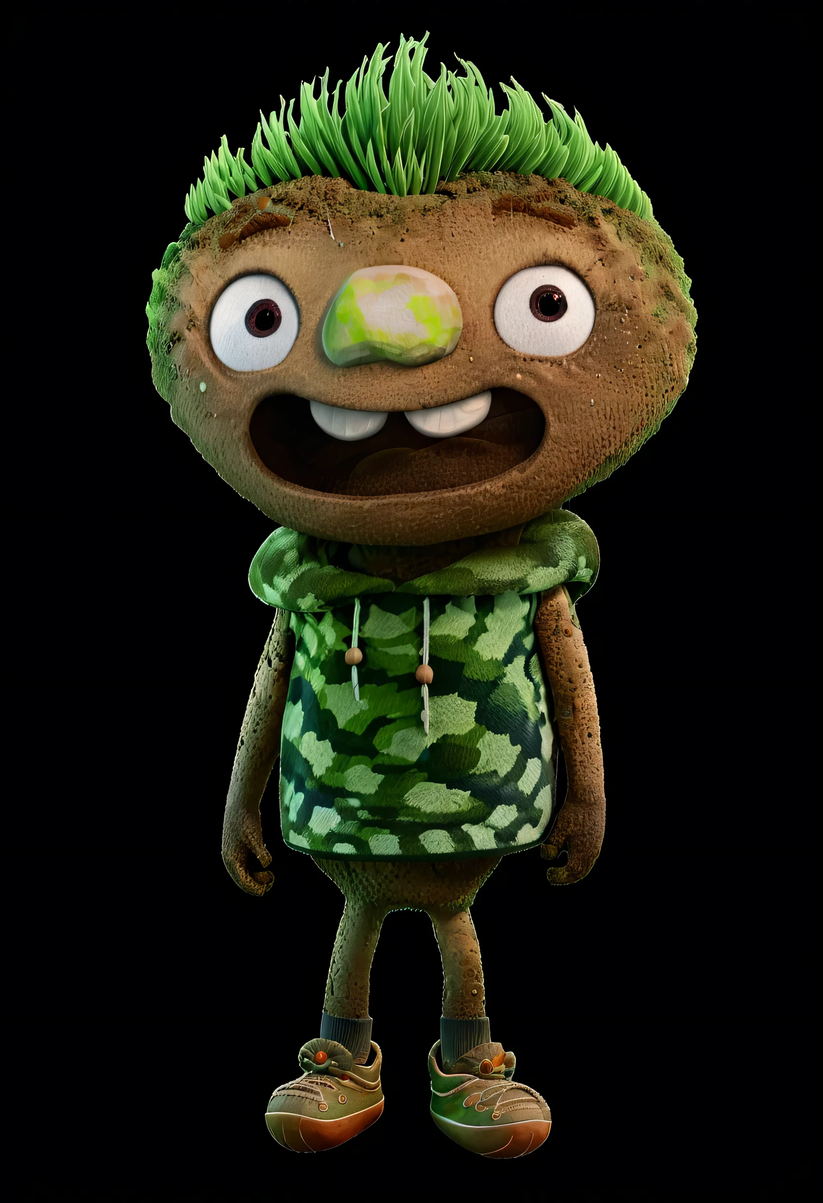 3d character concept, clod, clod full body portrait, clod standing, angry evil clod, evil smile, black background