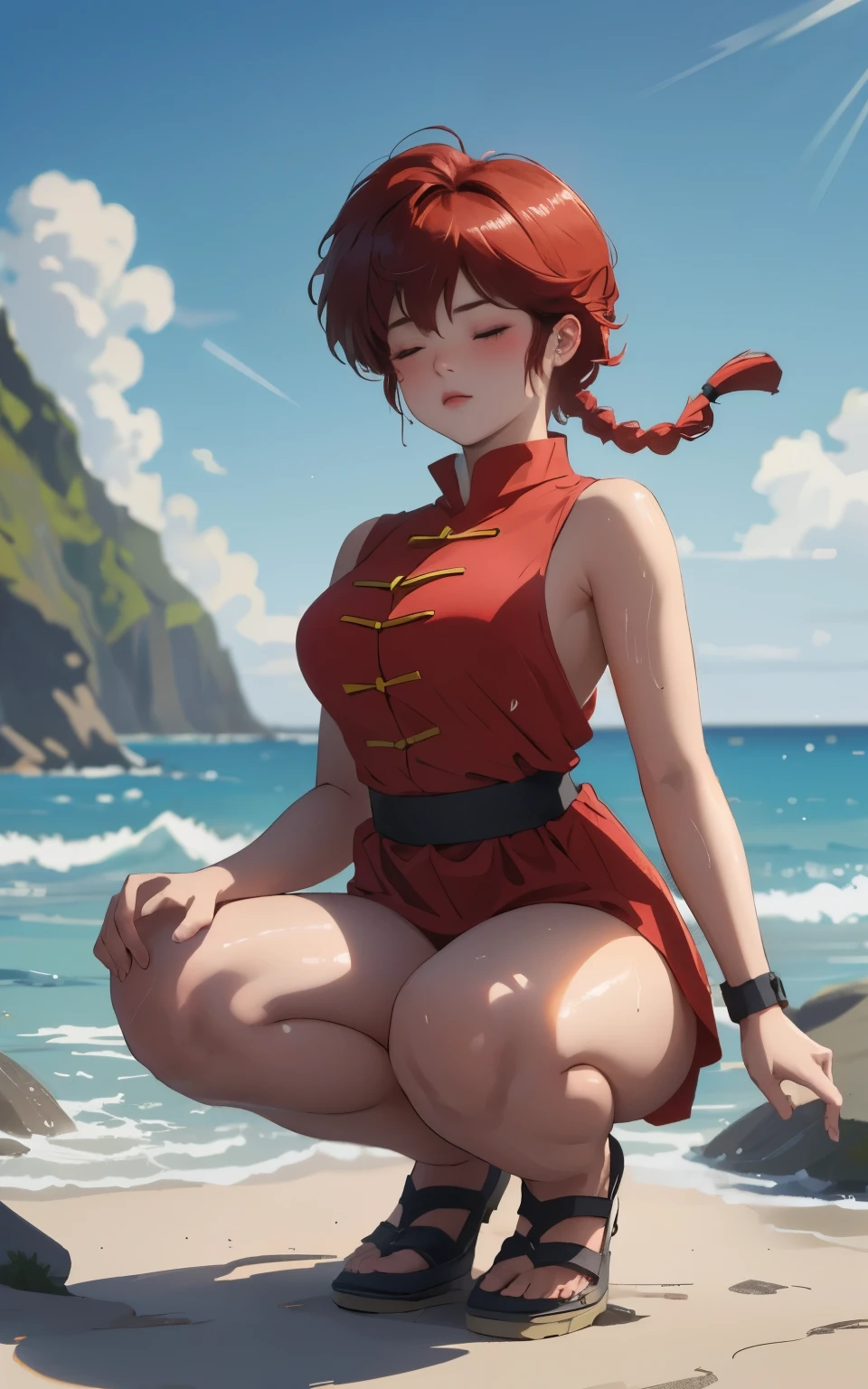 (squat :1.3), (piss:1.3) , pee like a horse , pissing , piss from vagina , pussy juice stain , pussy line , naked , completely nude , presenting , (masterpiece) , (best quality) , (8k wallpaper) , (closed eyes) , (detailed illustration) , photorealistic , perfect anatomy , cinematic lighting , shading , ranma1/2, ranma-chan, 1 girl , boyish face, (tan:1.3) , super detailed skin , Thick , fat , thick thighs , big breasts , big ass , sweat , ultra-detailed, (illustration), (red hair) , short hair , (ponytail) , (((braid))) , ((bangs)) , bumpy bangs , black-wristbands , sexual ecstasy , (full-face blush:1.3) , show off under , wet, wet hair, covering chest by hand , breast focus , vibrant colour , shadow, contrast, refraction, perspective, depth, good anatomy, stunning details , summer , Behind the rocky shore of the sea, There are no people , cloud, cinematic shadows , blurry background , vacation, Ranma goes sea and gets naked under a rock.,femaleranma, braided ponytail,