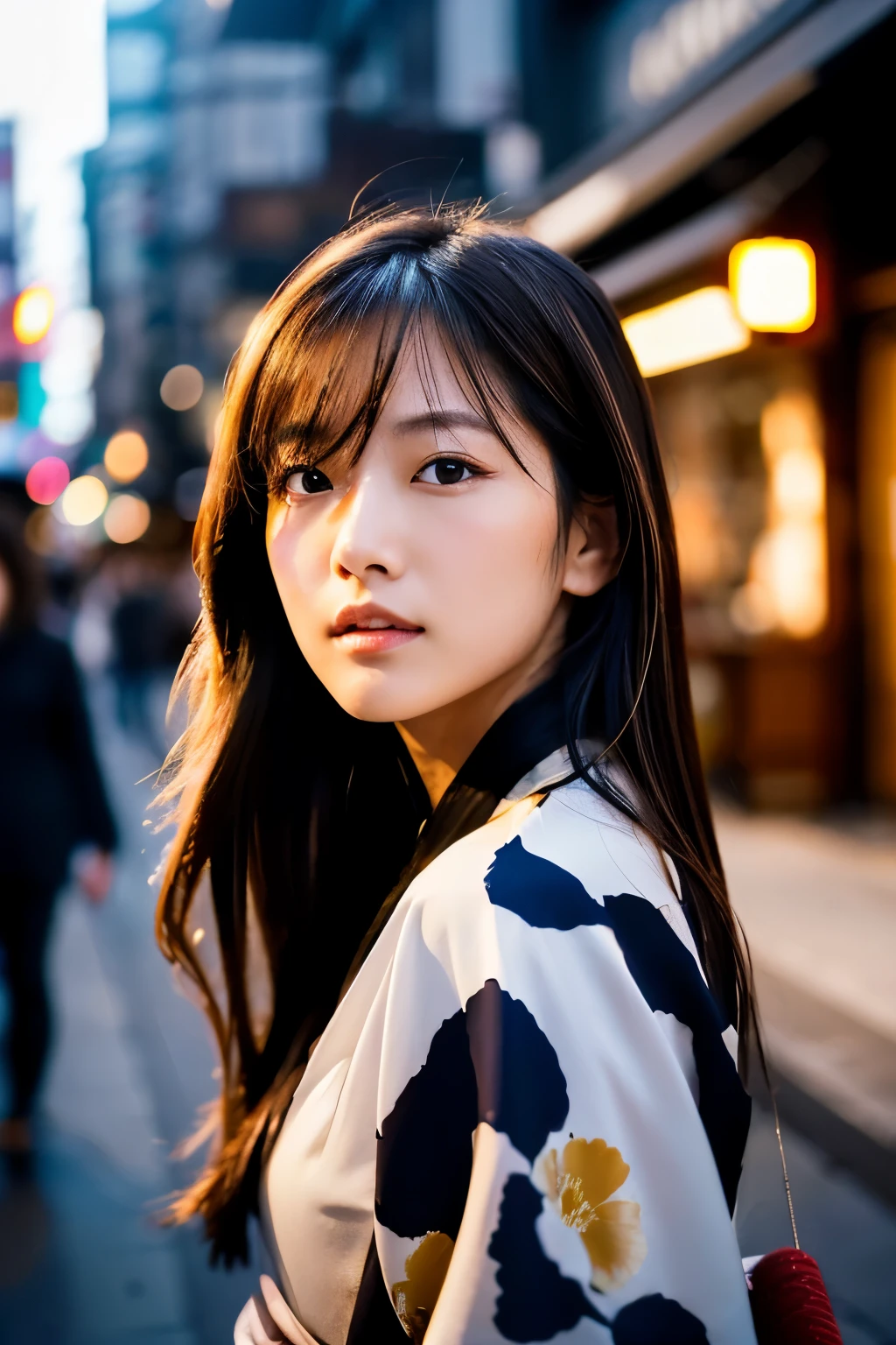 Beautiful Japanese supermodel woman, A lock of hair with slight highlights, black eyes, Sexy，street background，Gorgeous kimono , Liquid color flows across her face, Shooting against the light，Perfect facial lighting，mixed media