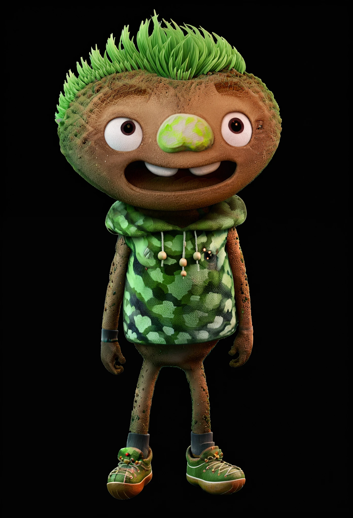 3d character concept, clod, clod full body portrait, clod standing, angry evil clod, evil smile, black background