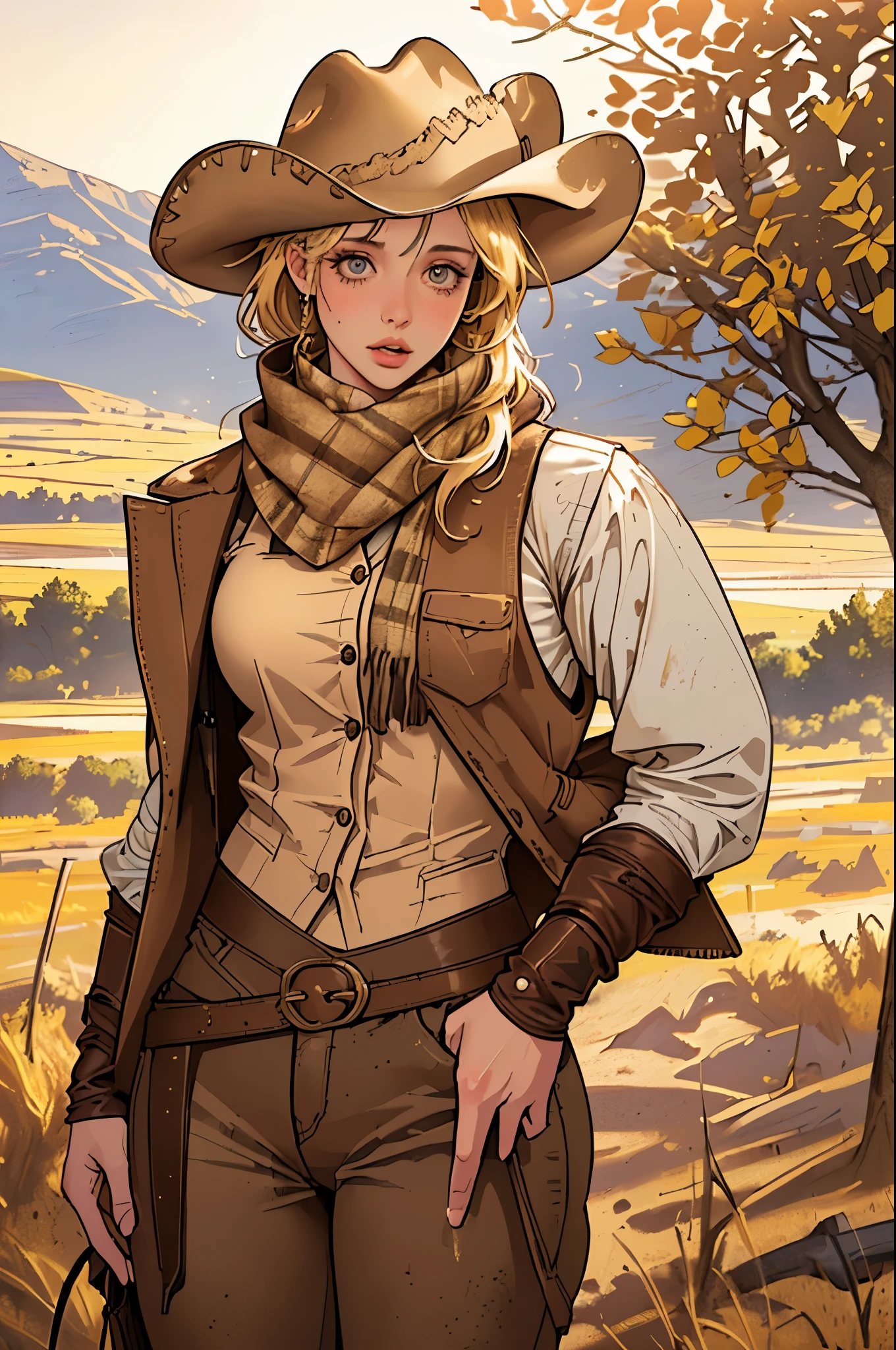 (highest quality, Super detailed, realistic:1.37), outdoor, girl, muddy, detailed and beautiful eyes, beautiful detailed lips, cowboy hat, vest with fringes, pants, scarf, With confidence, middle of chest, dusty farm landscape, golden hour lighting