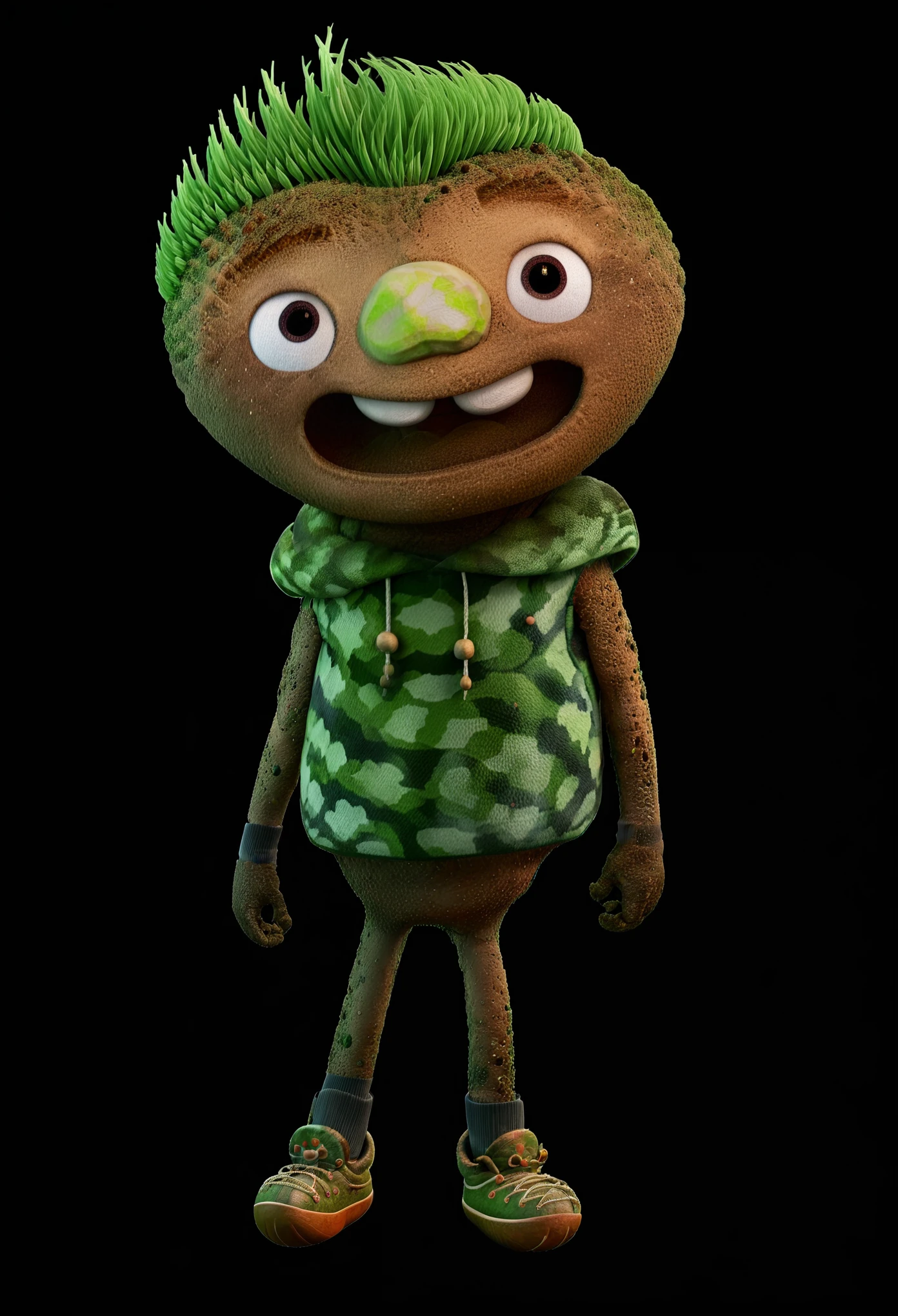3d character concept, clod, clod full body portrait, clod standing, angry evil clod, evil smile, black background