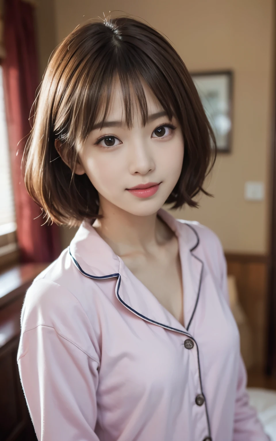 cute japanese 21 years old、Bedroom、pajamas、attention to detail、double eyelid、beautiful thin nose、sharp focus:1.2、Beautiful woman:1.4、(light brown hair、short hair、) 、pure white skin、highest quality、masterpiece、超High resolution、(Photoreal:1.4)、High resolution, professional lighting、nice smile、show the whole body、warm pajamas、A glimpse of the chest、