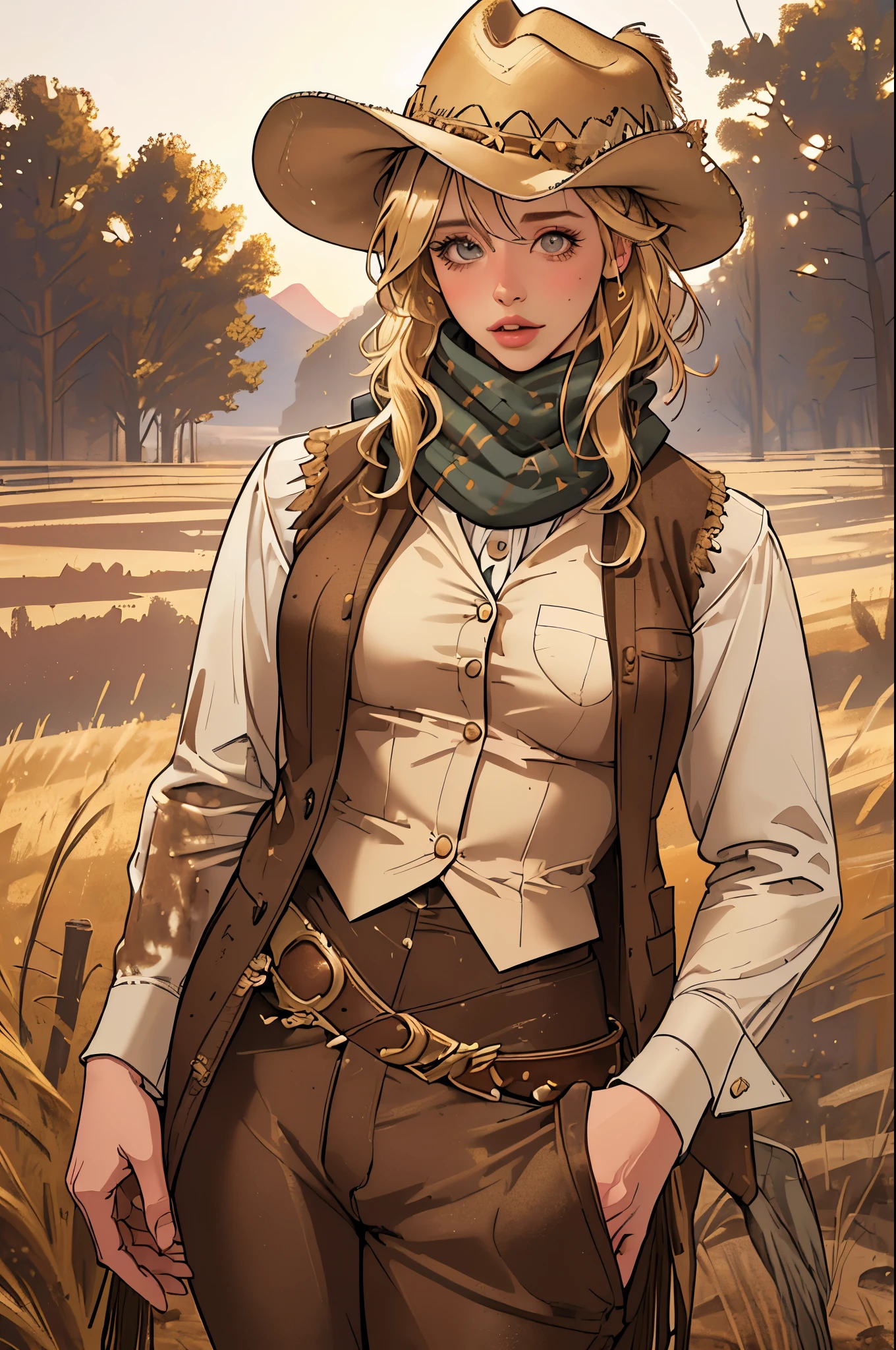 (highest quality, Super detailed, realistic:1.37), outdoor, girl, muddy, detailed and beautiful eyes, beautiful detailed lips, cowboy hat, vest with fringes, pants, scarf, With confidence, middle of chest, dusty farm landscape, golden hour lighting