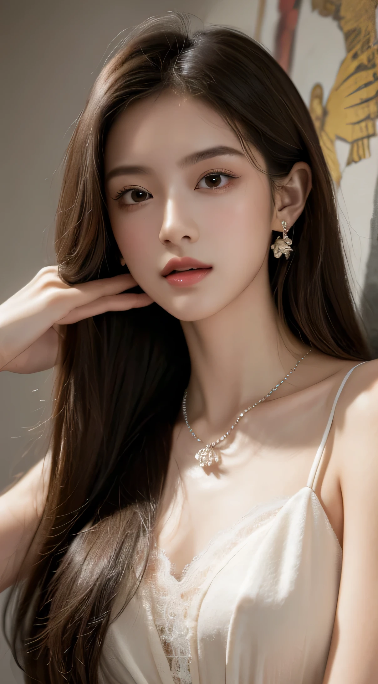 1girl,(upper_body:1.2),long leg,an extremely best quality,masterpiece,center,long hair,photo..,(best quality),((masterpiece)),extremely detailed 8K wallpaper,(an extremely delicate and beautiful),jewelry,necklace,elegant posture,mural,