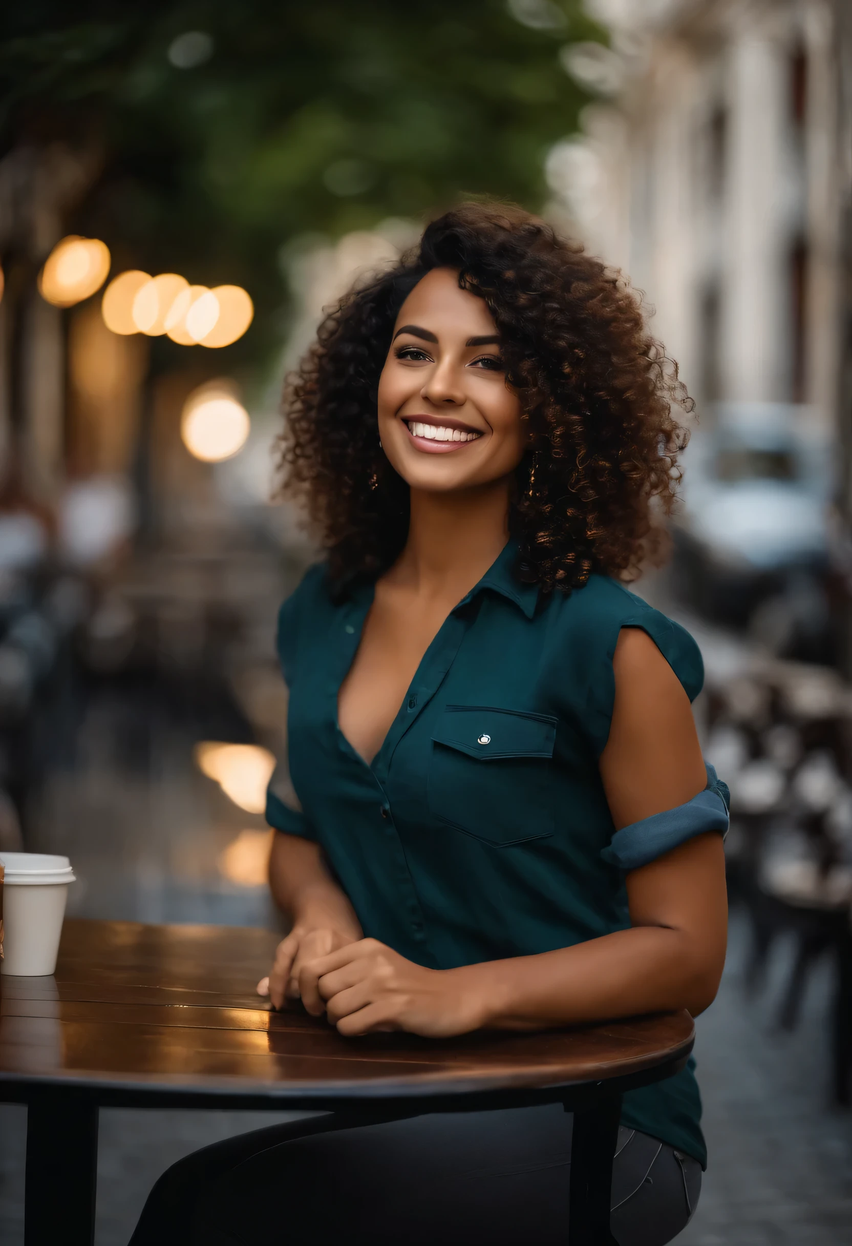 Beautiful Brazilian mulatto woman sitting and having coffee outside on the street side in a small café, rosto bonito, Short curly black hair down to the nape of her neck with brown eyes and heavy eyeshadow, Vestindo jeans e uma camisa polo preta, grande estilo de moda, looking at you with loving eyes and a soft smile, The background is a European city downtown, fundo desfocado, profundidade de campo rasa, cinematic light, luz suave, retroiluminado, micro-detalhes, Rendering, fotorrealista, cinematographic