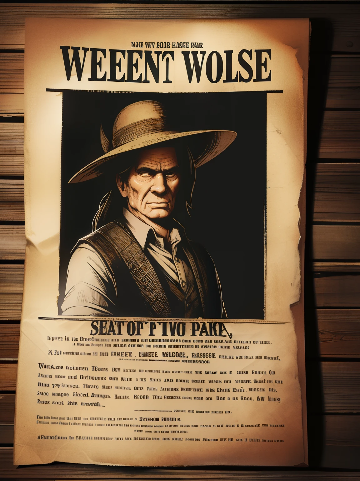 old western style wanted poster、(old wrinkled paper:1.2)、fastened with a pin (weathered:1.6) (log house wall:1.2)、intricate details、Super detailed、(chiaroscuro: 0.6)