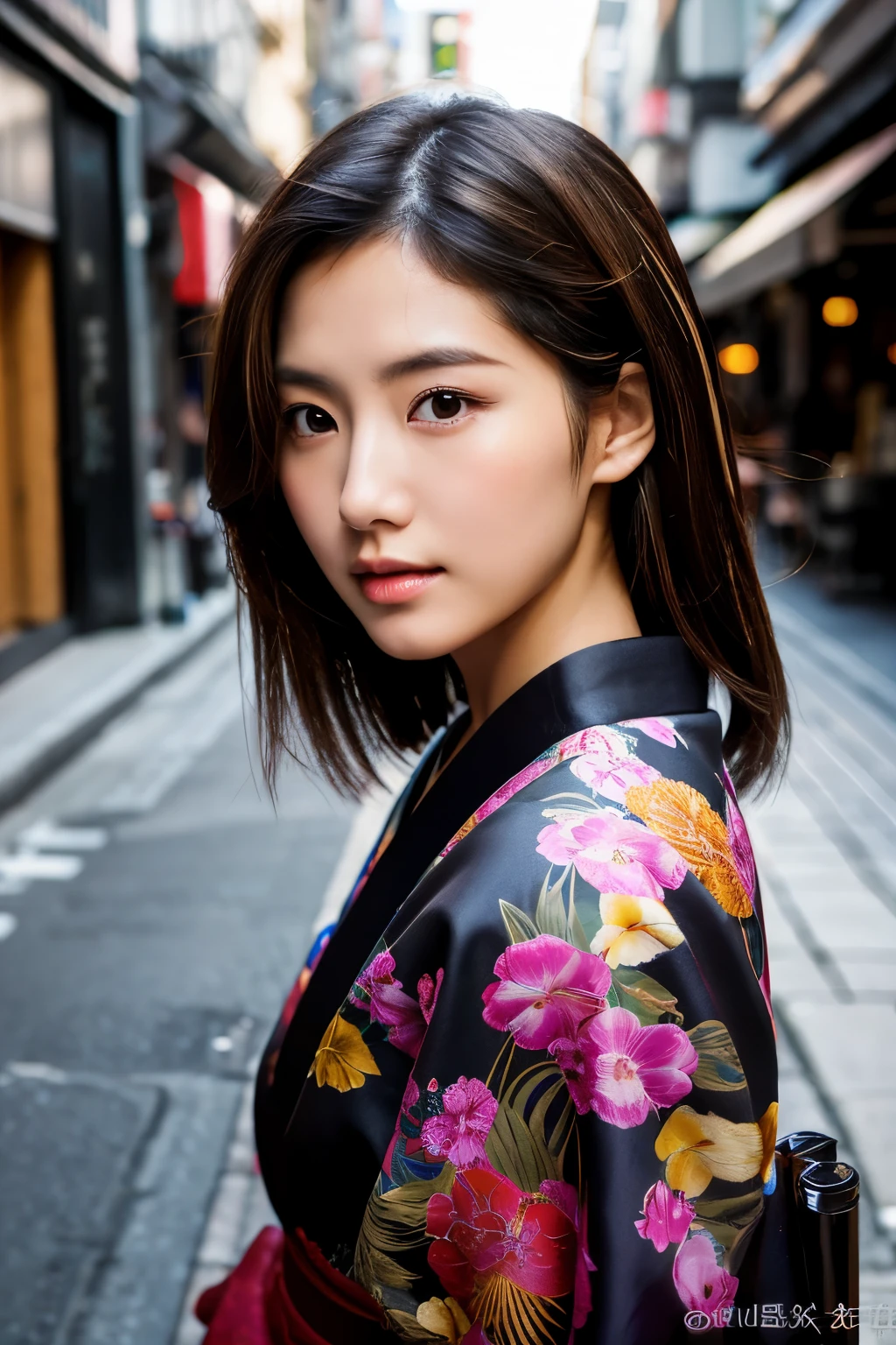 Beautiful Japanese supermodel woman, A lock of hair with slight highlights, black eyes, Sexy,street background,Gorgeous kimono , Liquid color flows across her face, Shooting against the light,Perfect facial lighting,mixed media