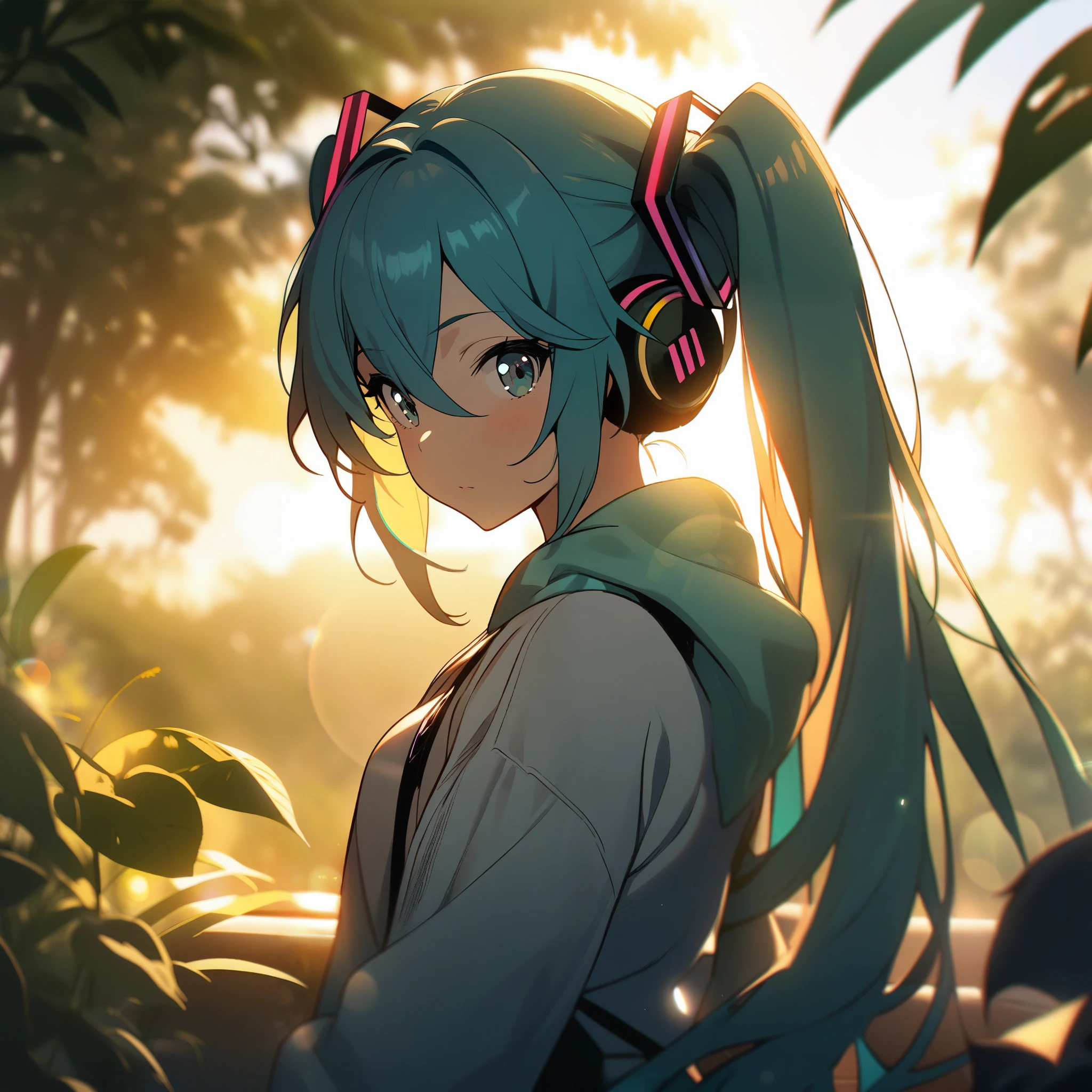 1girl,hatsune miku,blur,backlighting side lighting,sun light,lens flare, nature, vegetation, looking at viewer, masterpiece