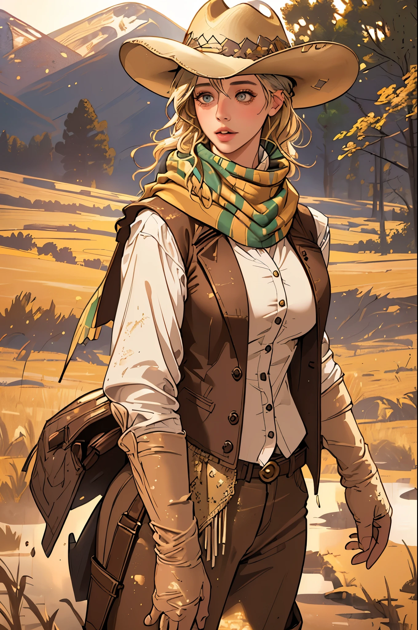 (highest quality, Super detailed, realistic:1.37), outdoor, girl, muddy, detailed and beautiful eyes, beautiful detailed lips, cowboy hat, vest with fringes, pants, scarf, With confidence, middle of chest, dusty farm landscape, golden hour lighting