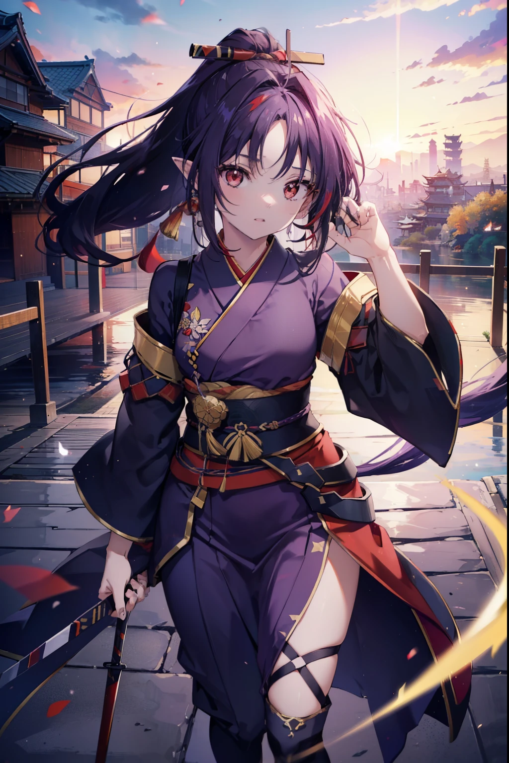 yuukikonno, Yuki Konno, hair band, long hair, pointy ears,ponytail, purple hair, (red eyes:1.5), (small breasts:1.2), open your mouth,purple kimono,red hakama,boots,Japan sword 1:1 Hold the grip in your hand,
break looking at viewer, Upper body, whole body,
break outdoors, medieval europe cityscape,
break (masterpiece:1.2), highest quality, High resolution, unity 8k wallpaper, (shape:0.8), (thin and beautiful eyes:1.6), highly detailed face, perfect lighting, Very detailed CG, (perfect hands, perfect anatomy),