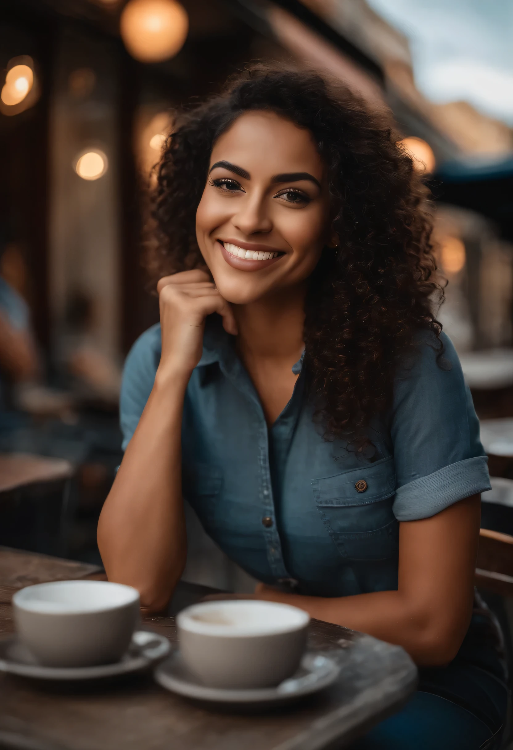 Beautiful Brazilian mulatto woman sitting and having coffee outside on the street side in a small café, rosto bonito, Short curly black hair down to the nape of her neck with brown eyes and heavy eyeshadow, Vestindo jeans e uma camisa polo preta, grande estilo de moda, looking at you with loving eyes and a soft smile, The background is a European city downtown, fundo desfocado, profundidade de campo rasa, cinematic light, luz suave, retroiluminado, micro-detalhes, Rendering, fotorrealista, cinematographic