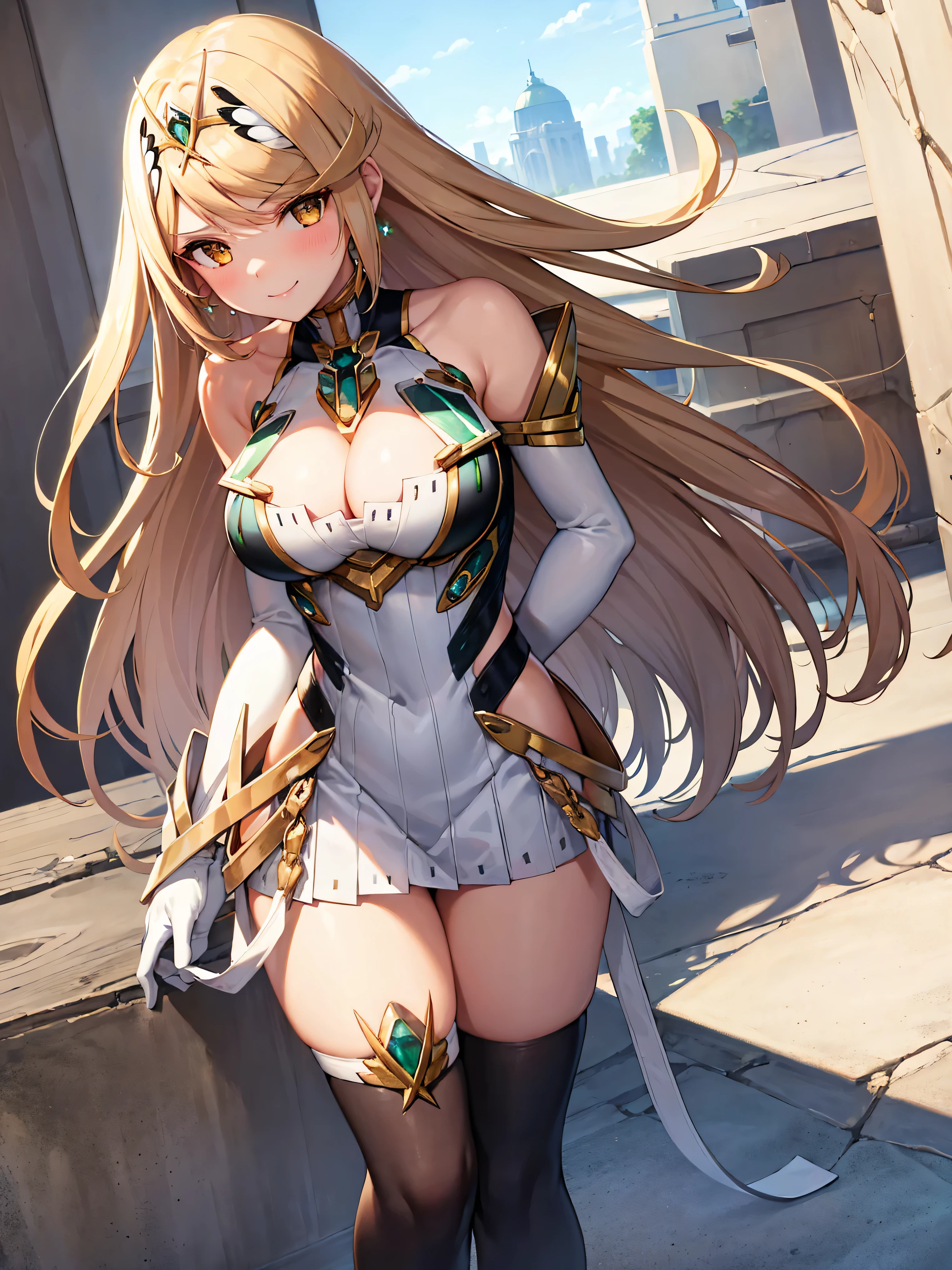 masterpiece, best quality, 1girl, solo, mythradef, tiara, earrings, chest jewel, cleavage cutout, cleavage, white dress, short dress, gem, elbow gloves, white gloves, thigh strap, smile, blush, looking at viewer, arms behind back,
