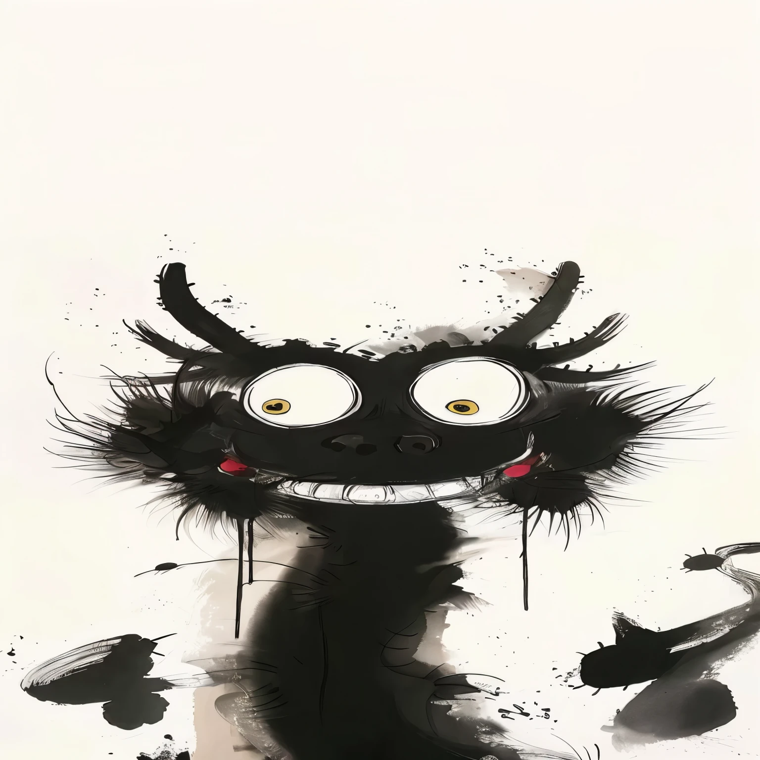 There is a black cat,With big eyes and a big nose, Portrait of a cute monster, cartoon creature, furry friendly monster, ugly monster, Ink illustration, style of jeff soto, sticky tar. concept art, Ahhhhhhhhhhhhhhhhh, "Portrait of Cartoon Animal, tufty whiskers, black corner, cute Monster character design, Monster character design