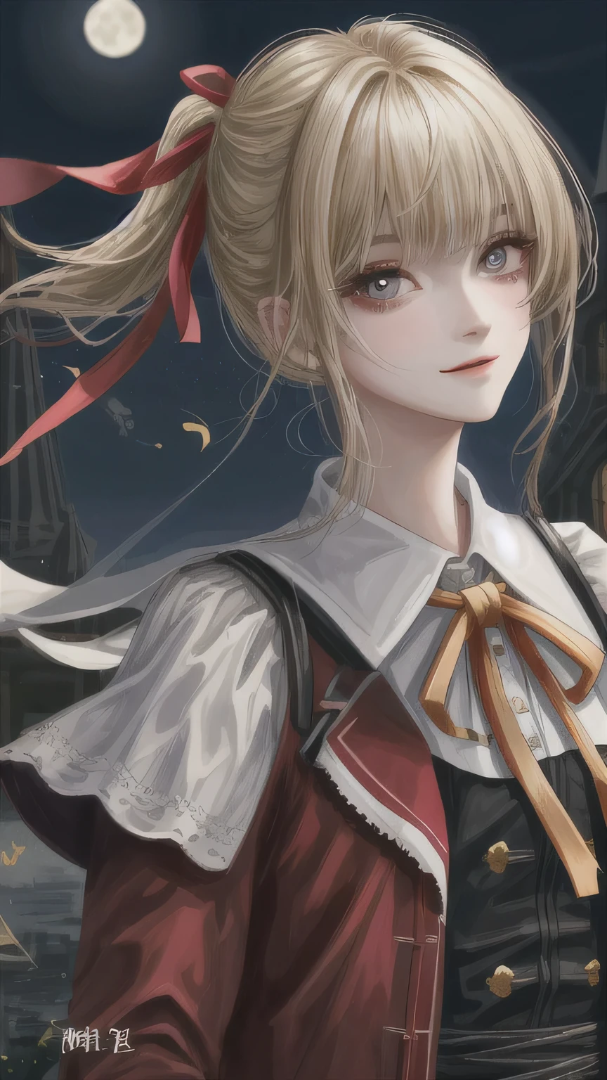 high quality, 最high quality, masterpiece, disorganized, red_Jacket, ribbon, black_eye, blonde_hair, short_hair, hair_ribbon, smile, 1 girl, torn clothes, Cloth,  Dense and beautiful black eyes, beautiful detailed lips, Highly detailed eyes and face, long eyelashes, detailed face, masterpiece, 最high quality, high quality, High resolution, (moonlit night background), Click here for eye line、((()))