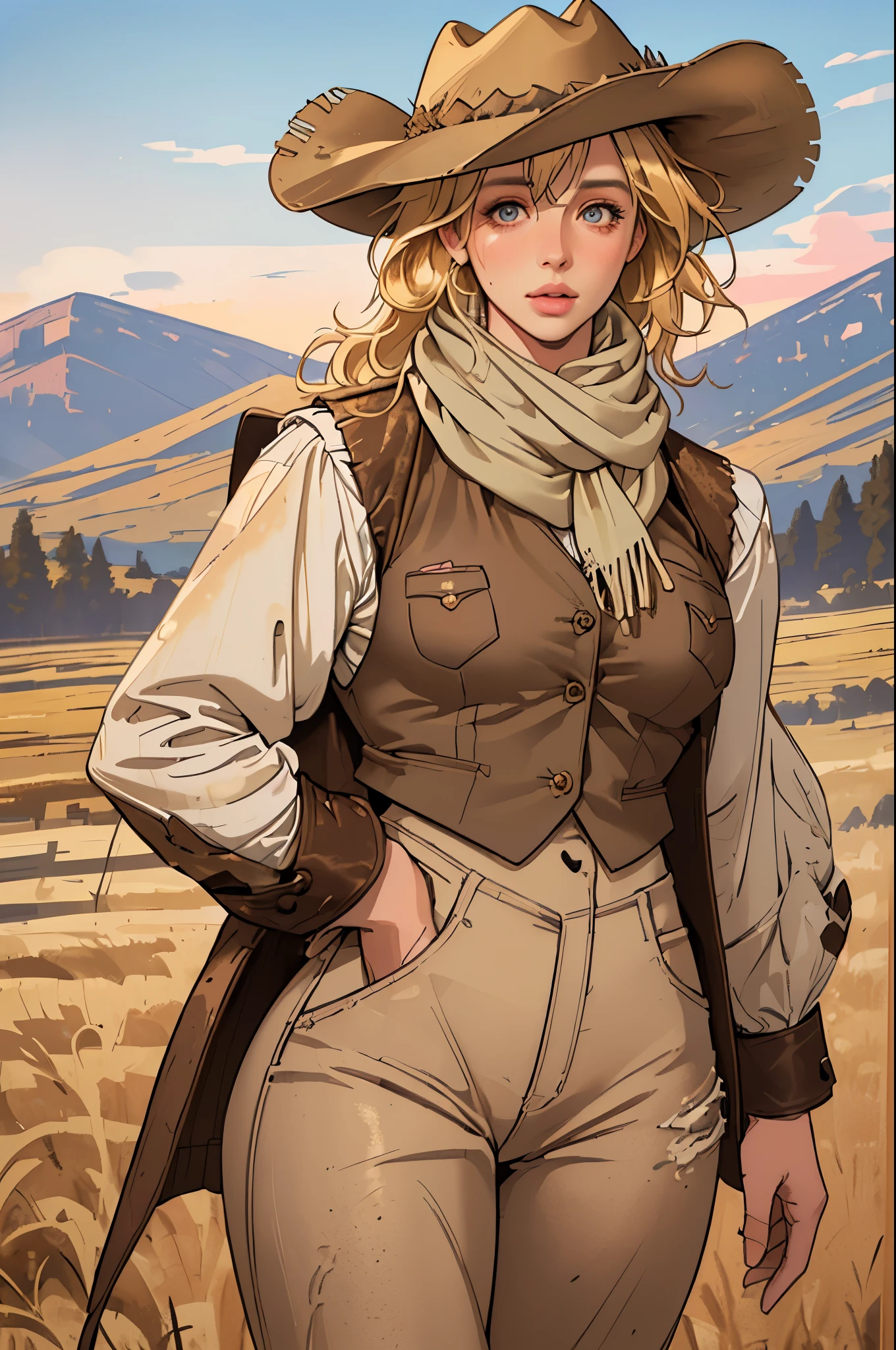 (highest quality, Super detailed, realistic:1.37), outdoor, girl, muddy, detailed and beautiful eyes, beautiful detailed lips, cowboy hat, vest with fringes, pants, scarf, With confidence, middle of chest, dusty farm landscape, golden hour lighting