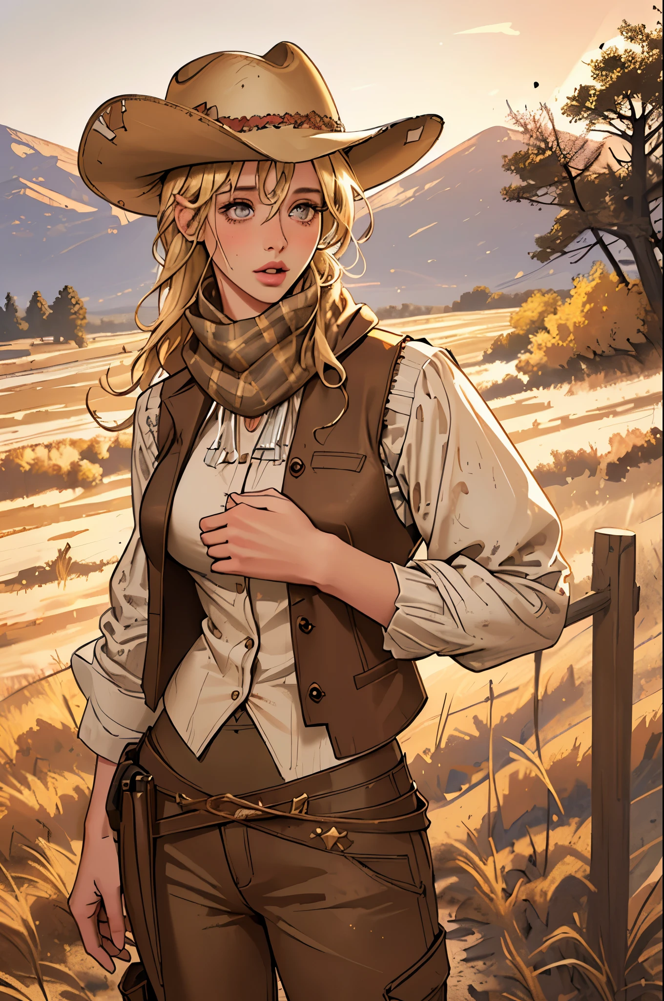 (highest quality, Super detailed, realistic:1.37), outdoor, girl, muddy, detailed and beautiful eyes, beautiful detailed lips, cowboy hat, vest with fringes, pants, scarf, With confidence, middle of chest, dusty farm landscape, golden hour lighting