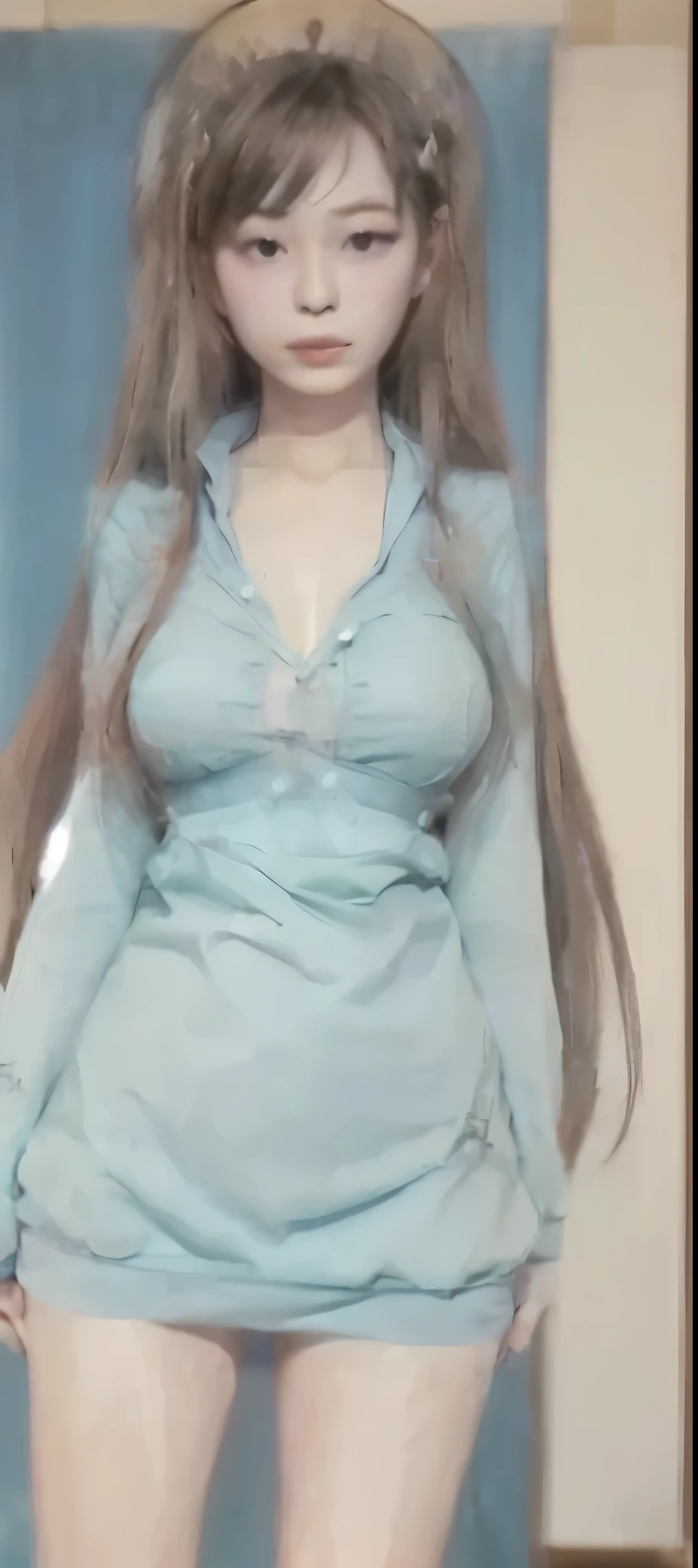 Beautiful handsome woman, ((top quality, 8k, masterpiece:1.retty woman, 1 woman, huge breasts:1.3, slender figure:1.1, long wavy red hair, (shower, wet body, wet clothes:1.1), very detailed face, detailed lips, detailed eyes, double eyelids, extremely detailed blue eyes, detailed round glasses, huge drop earrings