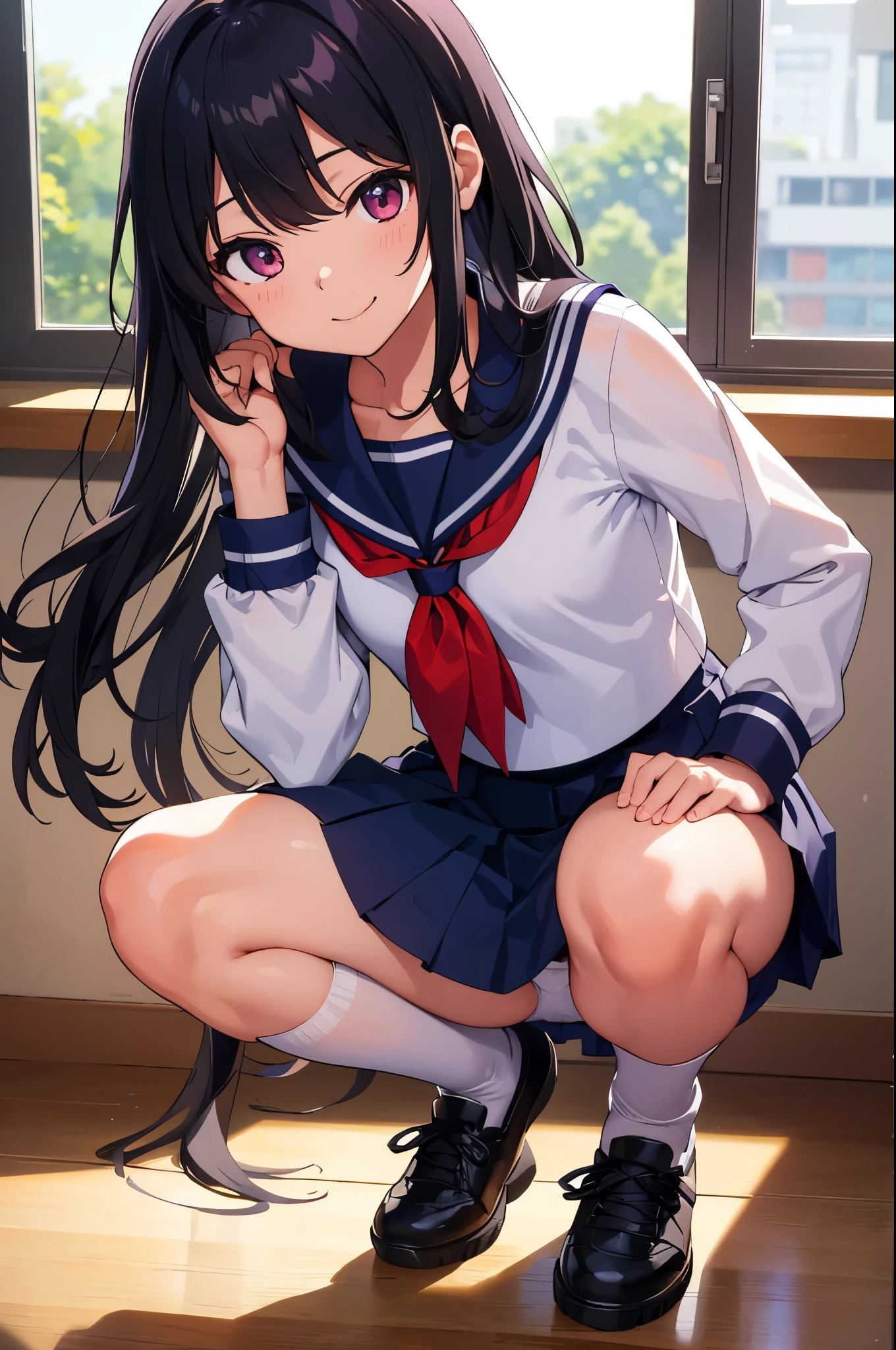 Evening school classroom Sunset shines through the window sunset Backlight girl 8-year-old flat chelack r long hair eyes are purple smile ((1 person)) Upper half length sleeve white sailor uniform Lower body navy blue miniskirt((White panties are visible)) black socks sneakers squatting by the window spread your legs a little I can see white panties dynamic angle Low angle from the front