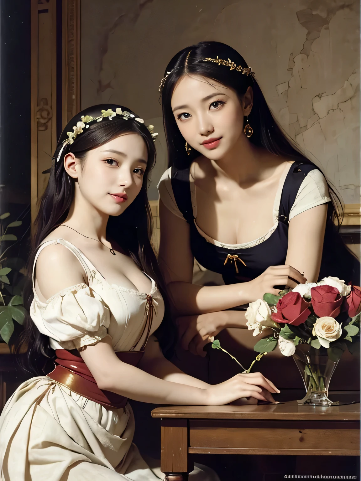 Giorgione painting style,Arguments of two female Philosophe,math、astronomical machine、astronaut、roses in vase、fruits、Cute trinkets、smile、ancient greek costume、Ancient Roman landscape in the style of Nicolas Poussin,laughter,,Sweet and seductive appearance.、Caravaggio's paintings、Chiaroscuro of Caravaggio、hair tousled by the wind,Two women frolicking,cute smile, expression of ecstasy,Sexy,erotic