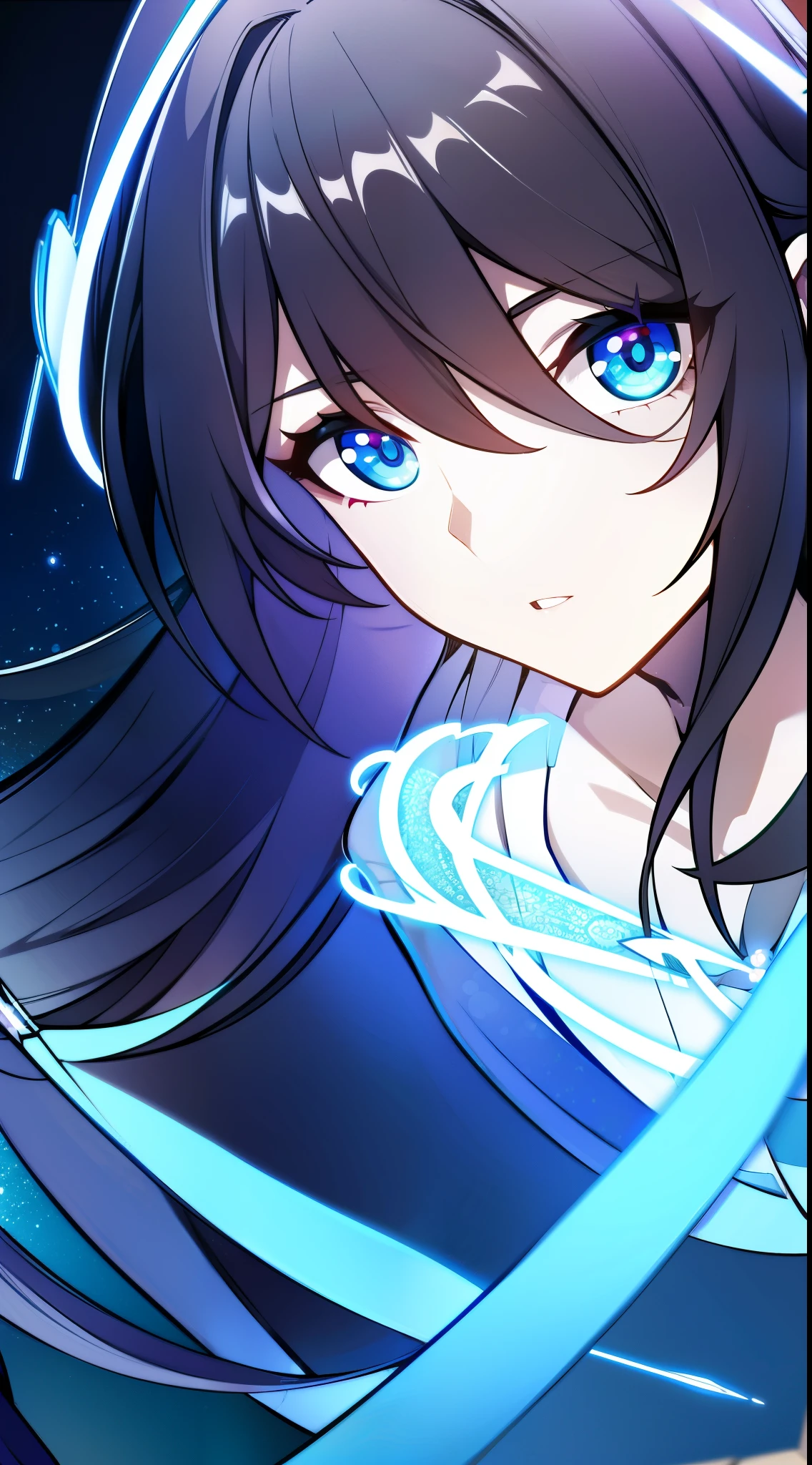 dr. amaurokara, long hair, black hair, cyan eyes, white pharmacist coat, cyan halo above, standing, visual novel cg style, BREAK looking at viewer, BREAK (masterpiece:1.2), best quality, high resolution, unity 8k wallpaper, (illustration:0.8), (beautiful detailed eyes:1.6), extremely detailed face, perfect lighting, extremely detailed CG, (perfect hands, perfect anatomy)