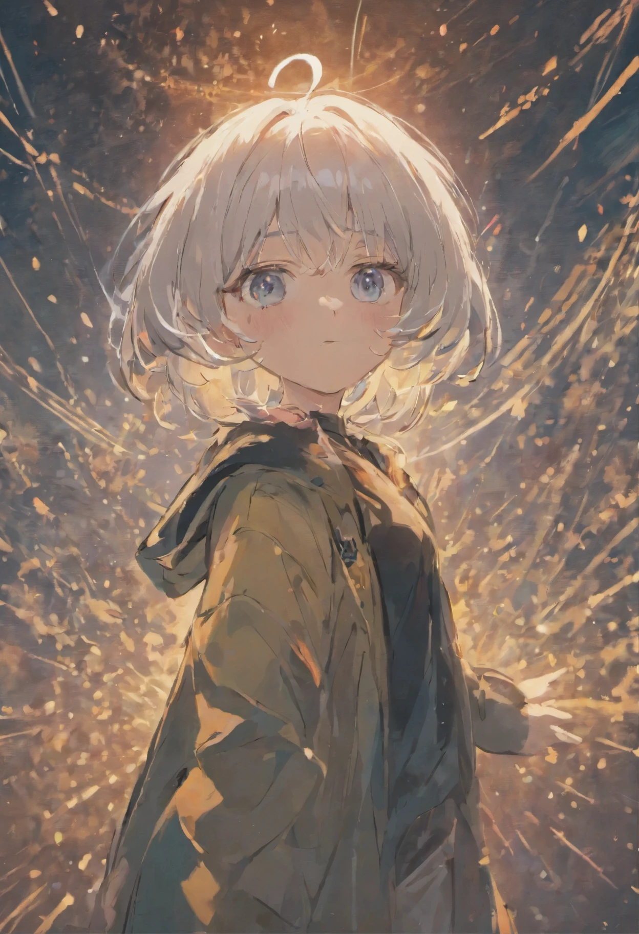 The older girl with white hair wears modern clothes with a black and blue atmosphere, And the sky is blue and I'm reaching out
