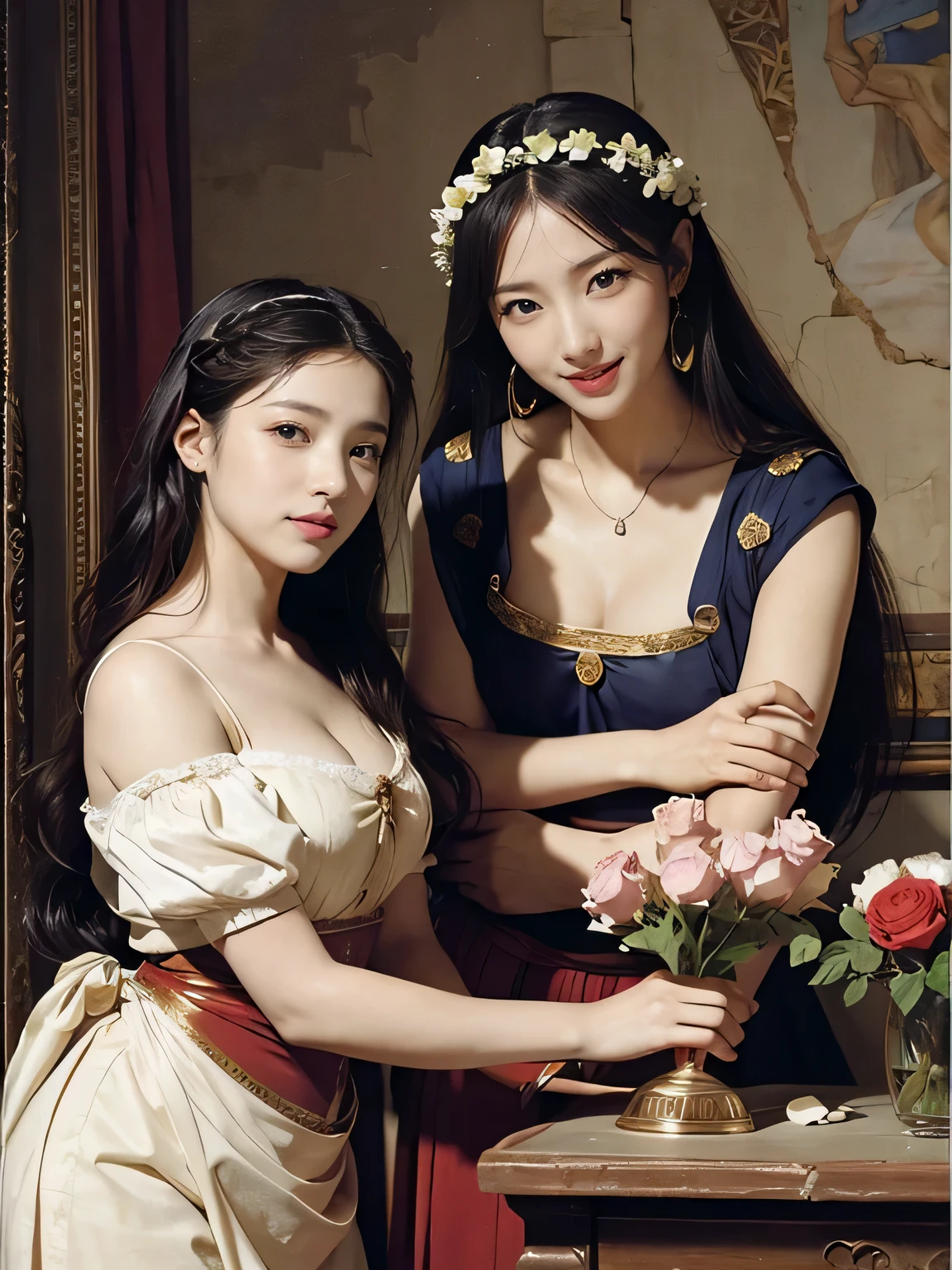 Giorgione painting style,Arguments of two female Philosophe,math、astronomical machine、astronaut、roses in vase、fruits、Cute trinkets、smile、ancient greek costume、Ancient Roman landscape in the style of Nicolas Poussin,laughter,,Sweet and seductive appearance.、Caravaggio's paintings、Chiaroscuro of Caravaggio、hair tousled by the wind,Two women frolicking,cute smile, expression of ecstasy,Sexy,erotic
