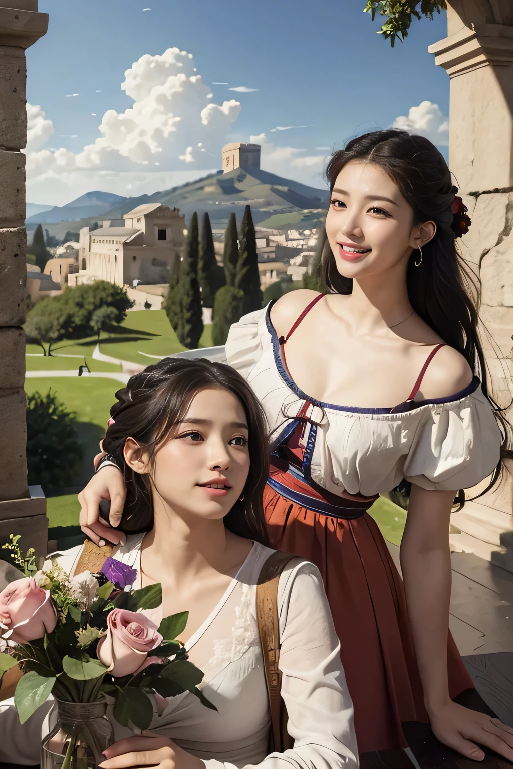 Giorgione painting style,Arguments of two female Philosophe,math、astronomical machine、astronaut、roses in vase、fruits、Cute trinkets、smile、ancient greek costume、Ancient Roman landscape in the style of Nicolas Poussin,laughter,,Sweet and seductive appearance.、Caravaggio's paintings、Chiaroscuro of Caravaggio、hair tousled by the wind,Two women frolicking,cute smile, expression of ecstasy,Sexy,erotic