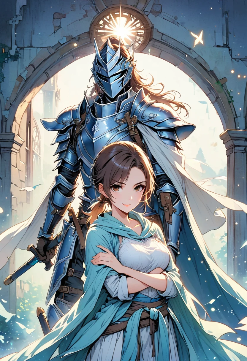 Asuna, Asuna_(Star), (1 girl,alone) ,fantasy, high resolution, No. 19,  The original, (Worn in a sheath around the waist:1.3), Smile, (white knight wizard cloak:1.5), short hair, medium breasts, looking at the audience, Bangs ,Delicate hazel eyes, beautiful background, ((morning sun,Western style private room)), Put your hands on your chest,(brown hair,short ponytail:1.5), (Platinum Knight Wizard Full Armor:1.55),short hair, permanent,direct, Abeke,(whole body:1.1), white stockings,(Abeke:1.4),