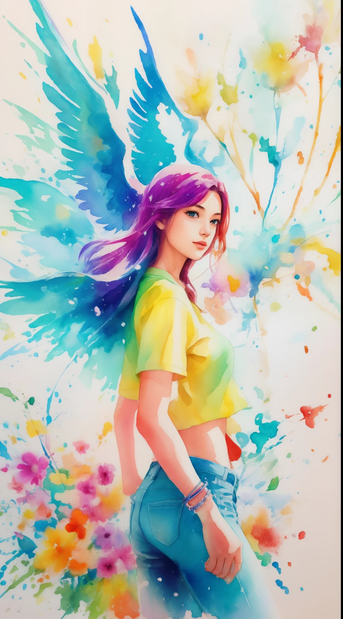 （Highest image quality、８K、High quality）、（Illustration inspired by Archangel Michael：1.3）、colorful colors、watercolor splash、pop art、Modern art、female body、fantastic world、sensual atmosphere