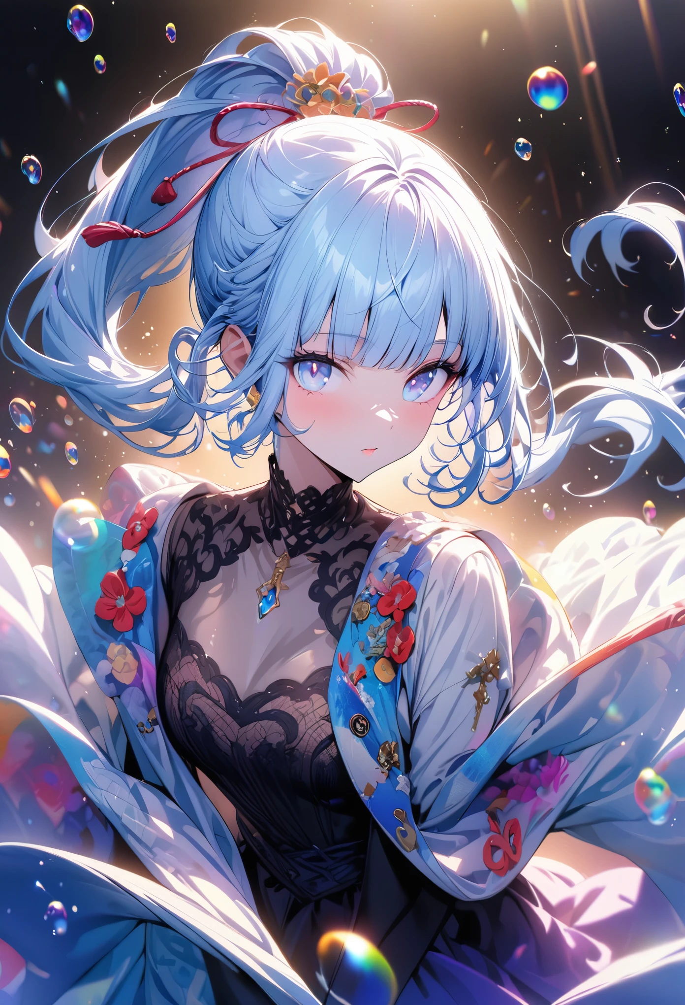 (masterpiece), (best quality), (Super detailed),(Disk hair),(illustration), (1 girl), (fashion clothing), permanent, fashion model, looking at the audience, (interview), (Simple background), beautiful and delicate eyes, exquisite beauty, floating, (high saturation), (colorful splash), Colorful bubbles, (shine), focus on face, ponytail, Ayaka Kamisato, light blue hair, Bangs, Hair ring, floating flowers, flowing hair, (shining), best lighting, best shadow, whole body, vista