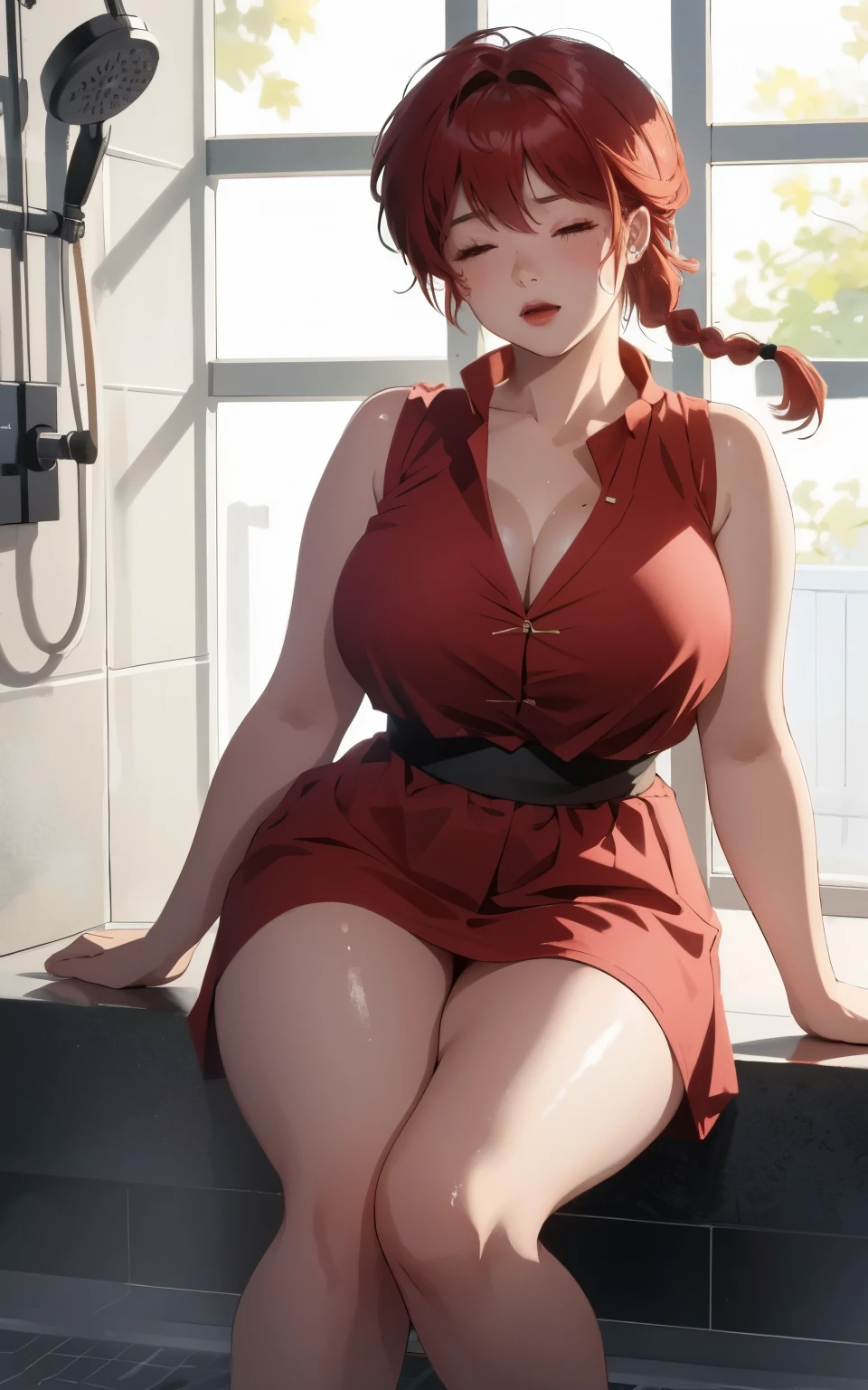 shower room , (sobbing:1.3) , (cry:1.3) , (streaming tears:1.3) , full-face blush , hand between legs , sitting , (curvy:1.3) , completely nude , ranma1/2, ranma-chan , (red hair) , short hair , (braided ponytail) , ((bangs)) , bumpy bangs , closed eyes , best quality, ultra-detailed, (illustration), ultra-detailed, boyish face , super detailed skin , Thick , fat , thick thighs , big breasts , erectile nipples , perfect anatomy , good anatomy, wet , Ranma is completely naked in shower room. , (masterpiece) , (best quality) , (highres) , (8k wallpaper) , (detailed illustration) , photorealistic , cinematic lighting , shading , ultra-detailed, vibrant colour , shadow, contrast, refraction, perspective, depth, stunning details , ,femaleranma, braided ponytail,